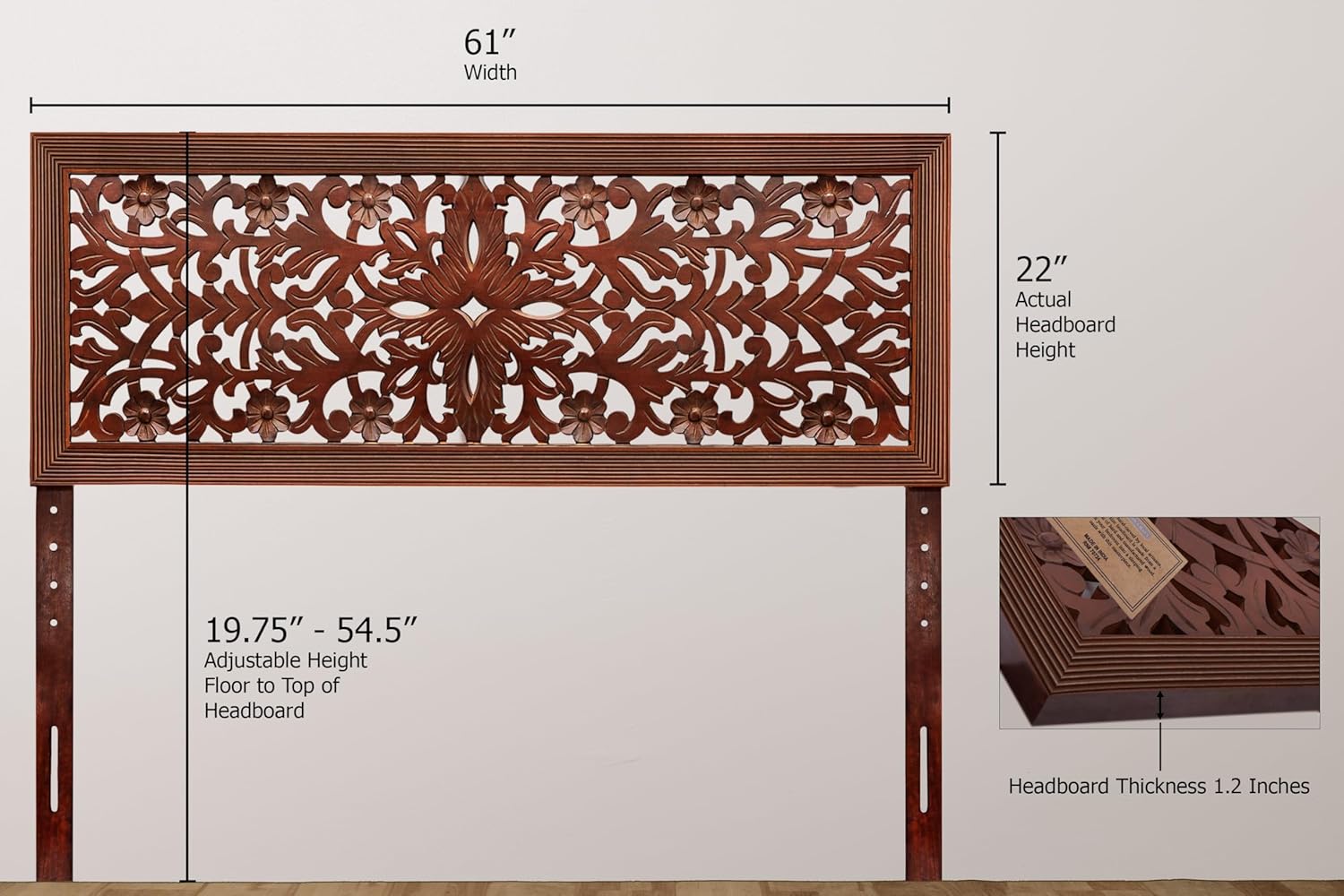 COTTON CRAFT Solid Wood Sturdy Queen Headboard - Compatible with All Bed Frame - Intricate Hand Carved Rajasthan Motif - Bohemian Transitional - Beautiful for Any Bedroom - Rustic Antique Brown