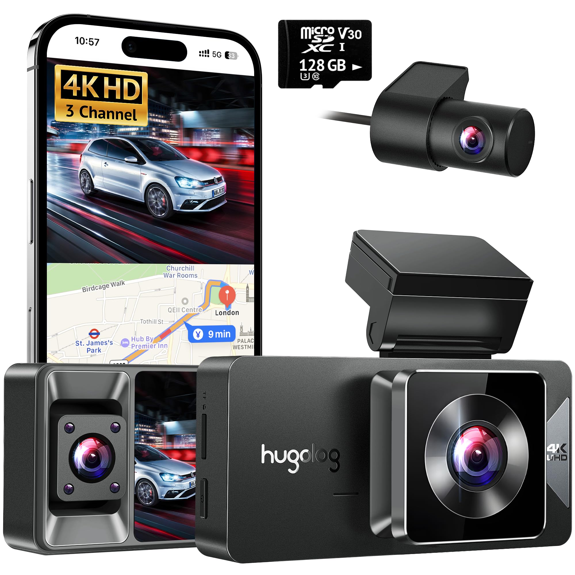 Hugolog 3 Channel Dash Cam 4K+1080P+1080P HD Triple Dashcam with 5G WiFi, 3" IPS Touch Screen, Front and Rear Inside Loop Recording Car Camera with 128G Micro SD Card, Built-in GPS, IR Night Vision