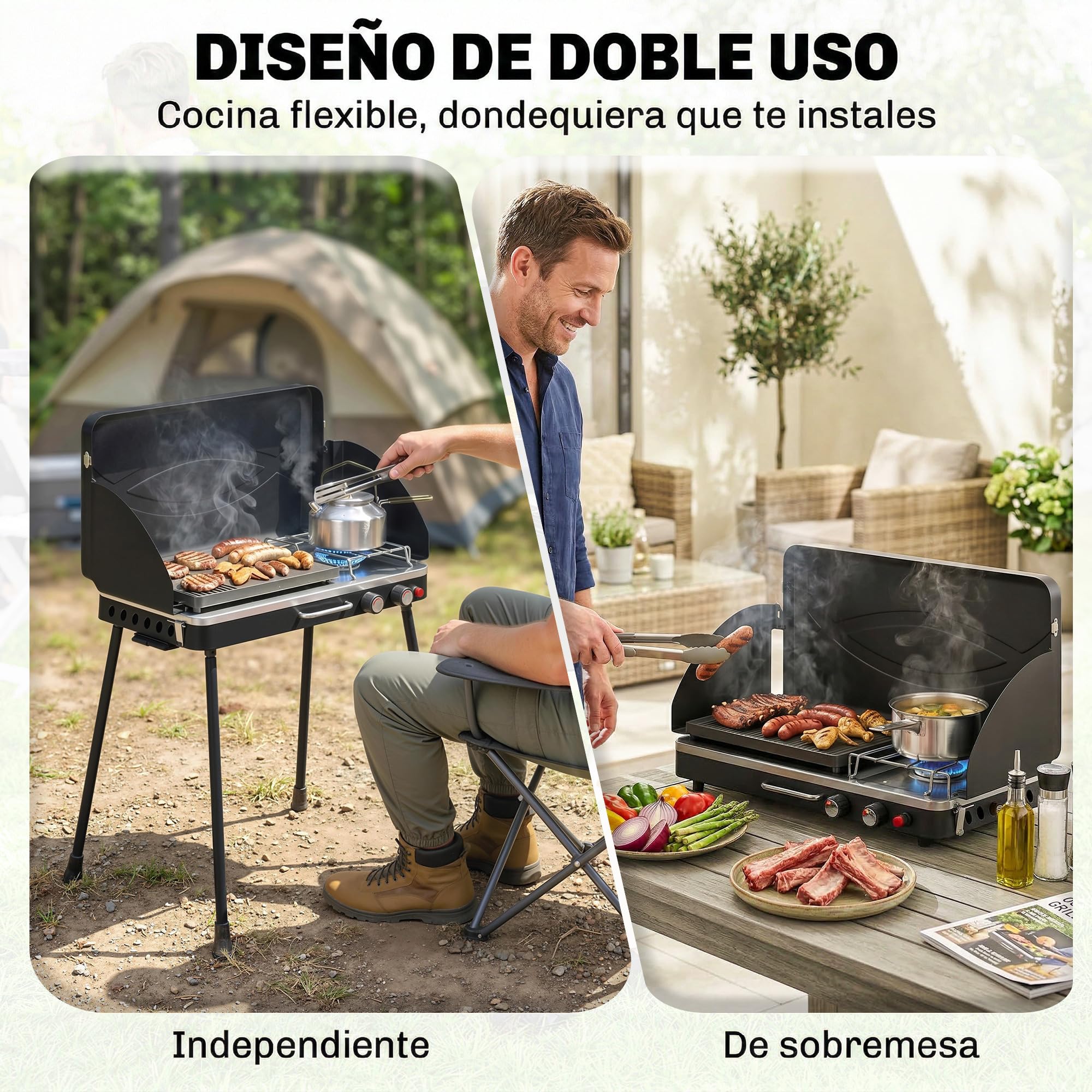 Outsunny Barbacoa de Gas Portátil 2 en 1 7 kW con Plancha Grande Negro | Barbacoa de Gas Propano, de Mesa o de Pie, Patas Desmontables, Protectores de Viento, para Picnic, Camping
