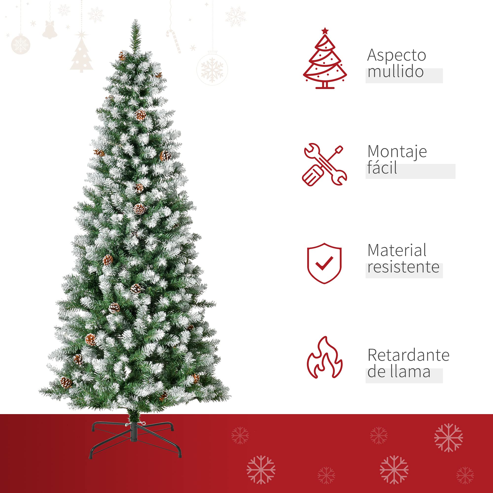 HOMCOM Árbol de Navidad 180 cm Árbol de Navidad Grande con 630 Puntas 37 Piñas Base Plegable y Soporte de Acero para Decoración de Interior Verde