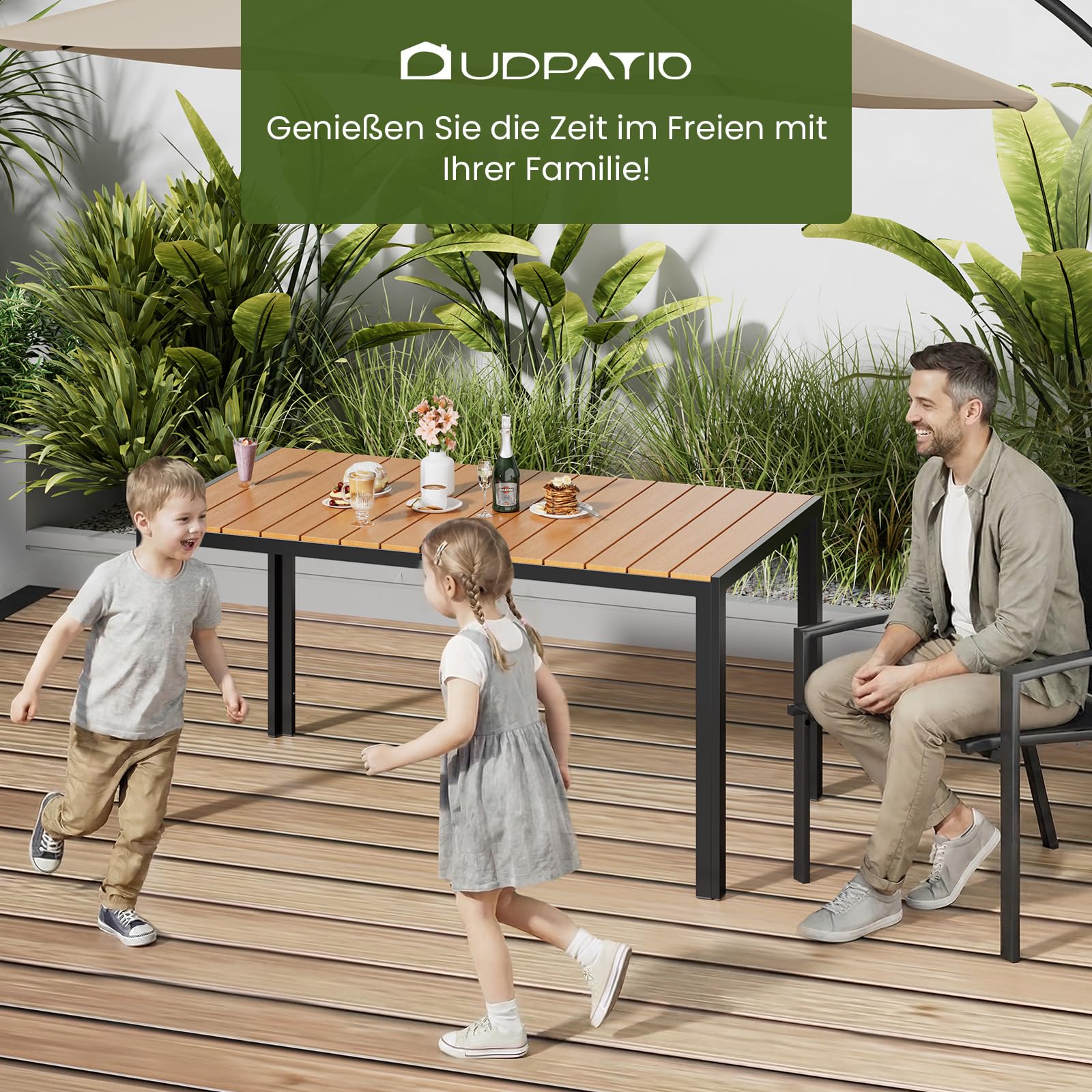 UDPATIO Gartentisch Wetterfest mit Aluminiumrahmen, 148 x 80 x 74 cm Outdoor WPC Tisch Holzmaserung-Finish, Balkontisch für 4-6 Personen,Garten,Terrasse,Teakbraun+Dunkelgrau