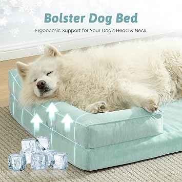 COZY KISS 超大型犬用冷却犬用ベッド Q-Max >0.4 サマー クール 整形外科用フォーム ペットソファベッド サイド付き、ボルスター 滑り止めソファ 洗える取り外し可能なカバー付き、XXL 48x35x7.5インチ、グリーン
