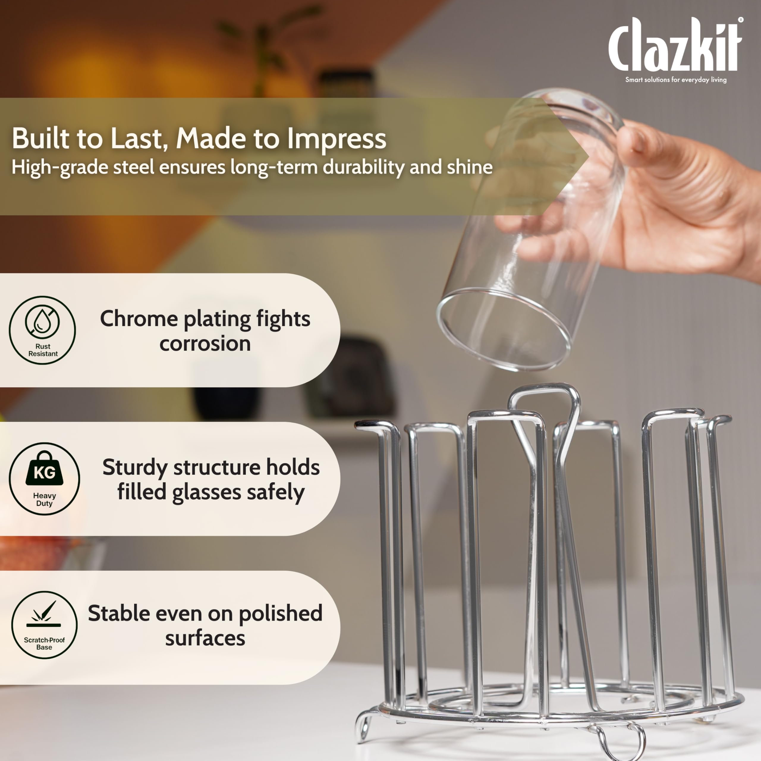 Clazkit Stainless Steel Glass Holder for 6 Glasses, Glass Stand Steel for Dining Table/Kitchen, Tumbler Holder, Pull-Out Countertop Shelves Heavy Duty - SILVER — Amazon image 4