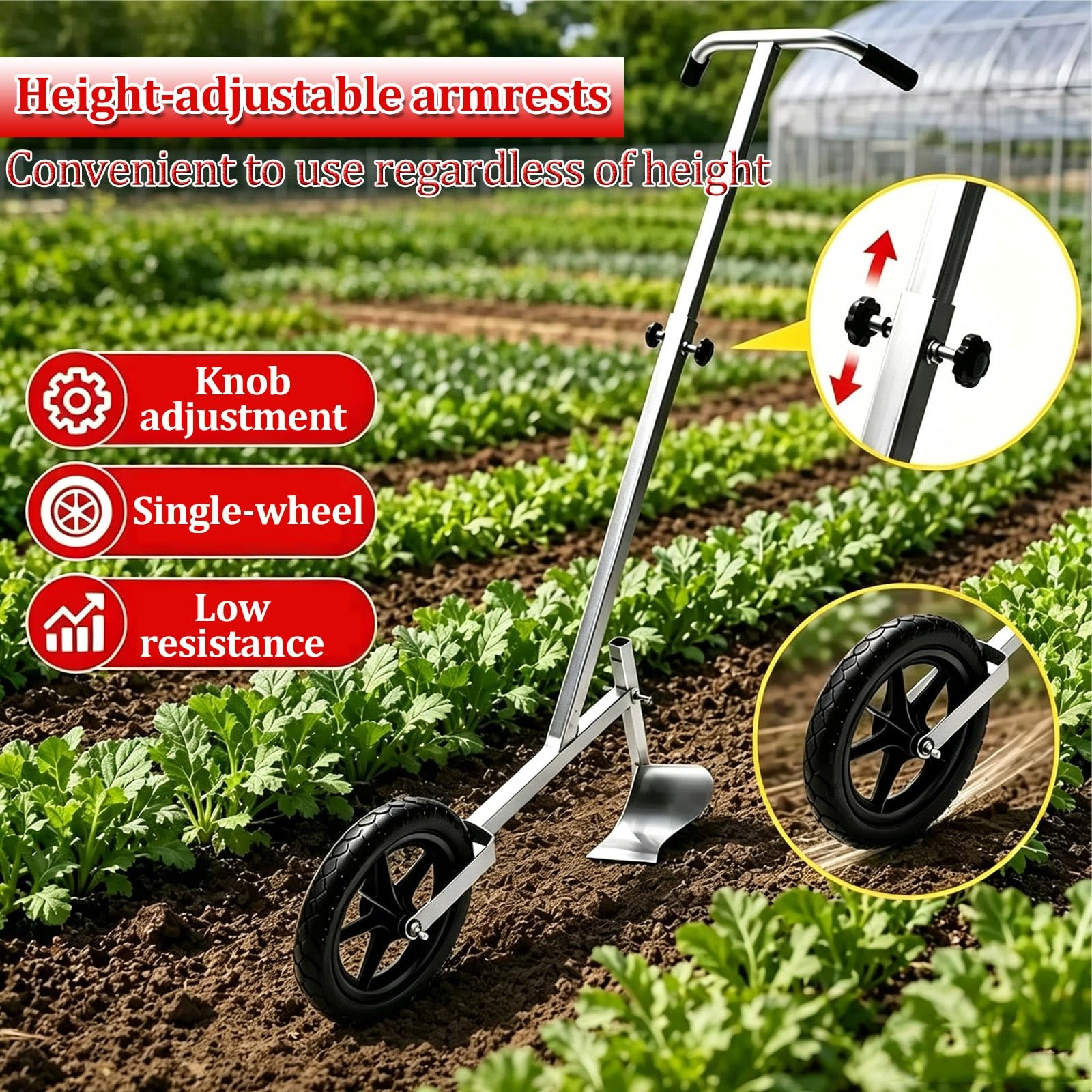 Zappa a ruota e coltivatore manuale 3-in-1 per impieghi gravosi | Testa di zappa rotante manuale con manico e ruota singola; attrezzo per scavare, piantare e curare il giardino
