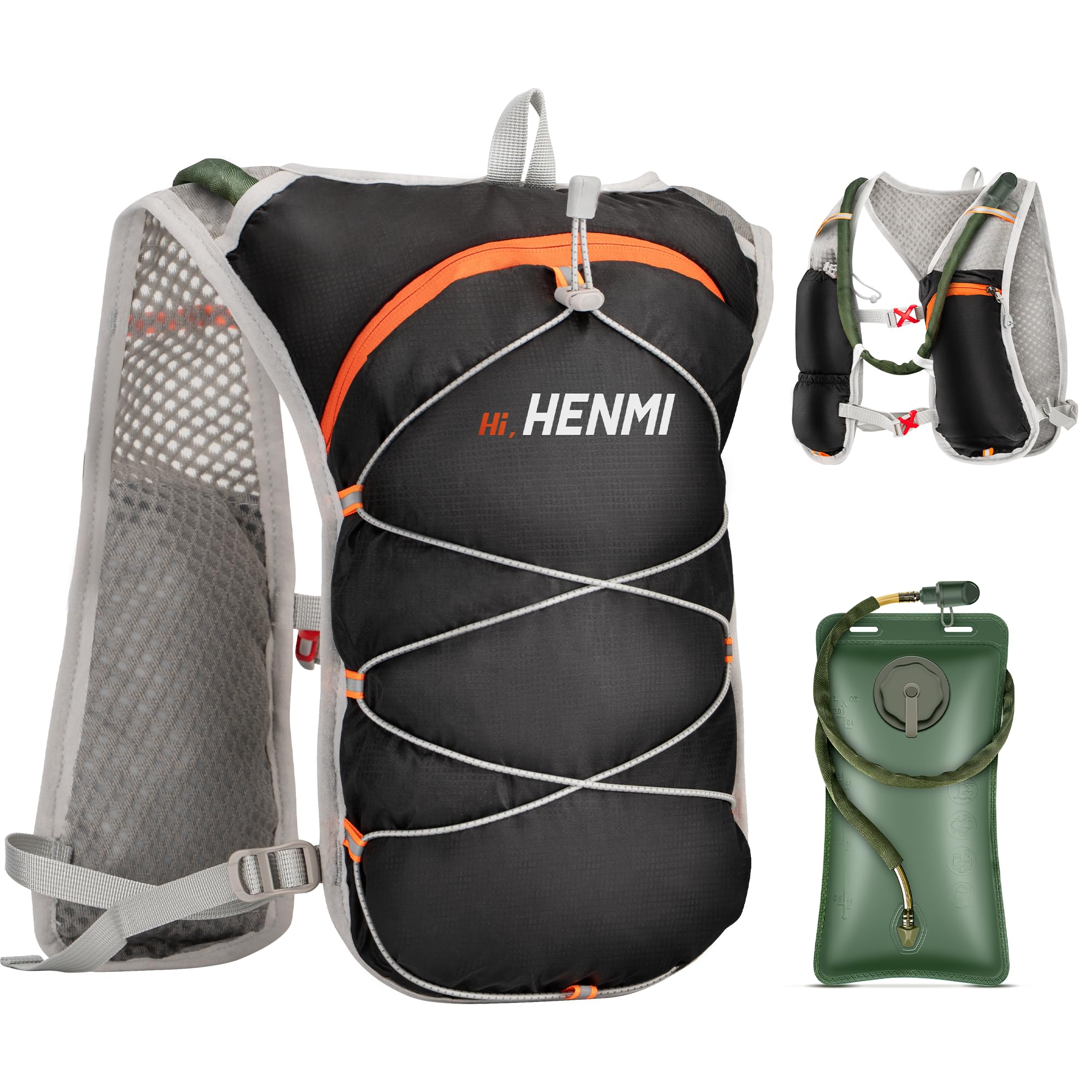 HENMI Laufweste Damen und Herren mit Trinkblase, Laufrucksack mit 2L Wasserflasche Verstellbare Brustgurte Reflektierender, Leicht Trinkblase Rucksack für Jogging Radfahren Trailrunning Trinkweste