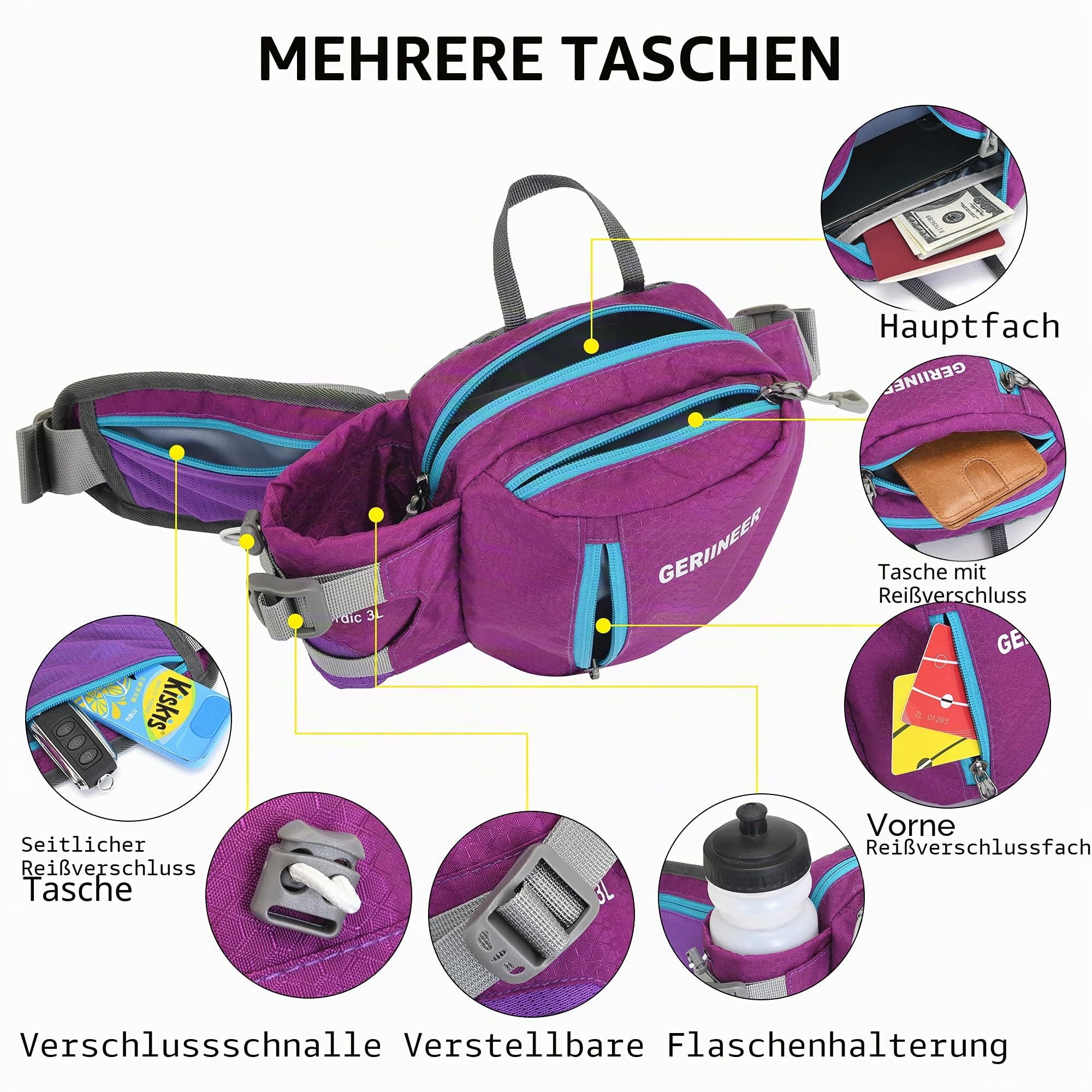 wasserdichte Bauchtasche Gürteltasche mit Flaschenhalter Damen und Herren, Bauchtasche Geeignet für Reise Sport Running und Alle Outdoor Aktivitäten, Hüfttasche Damen Herren Sport