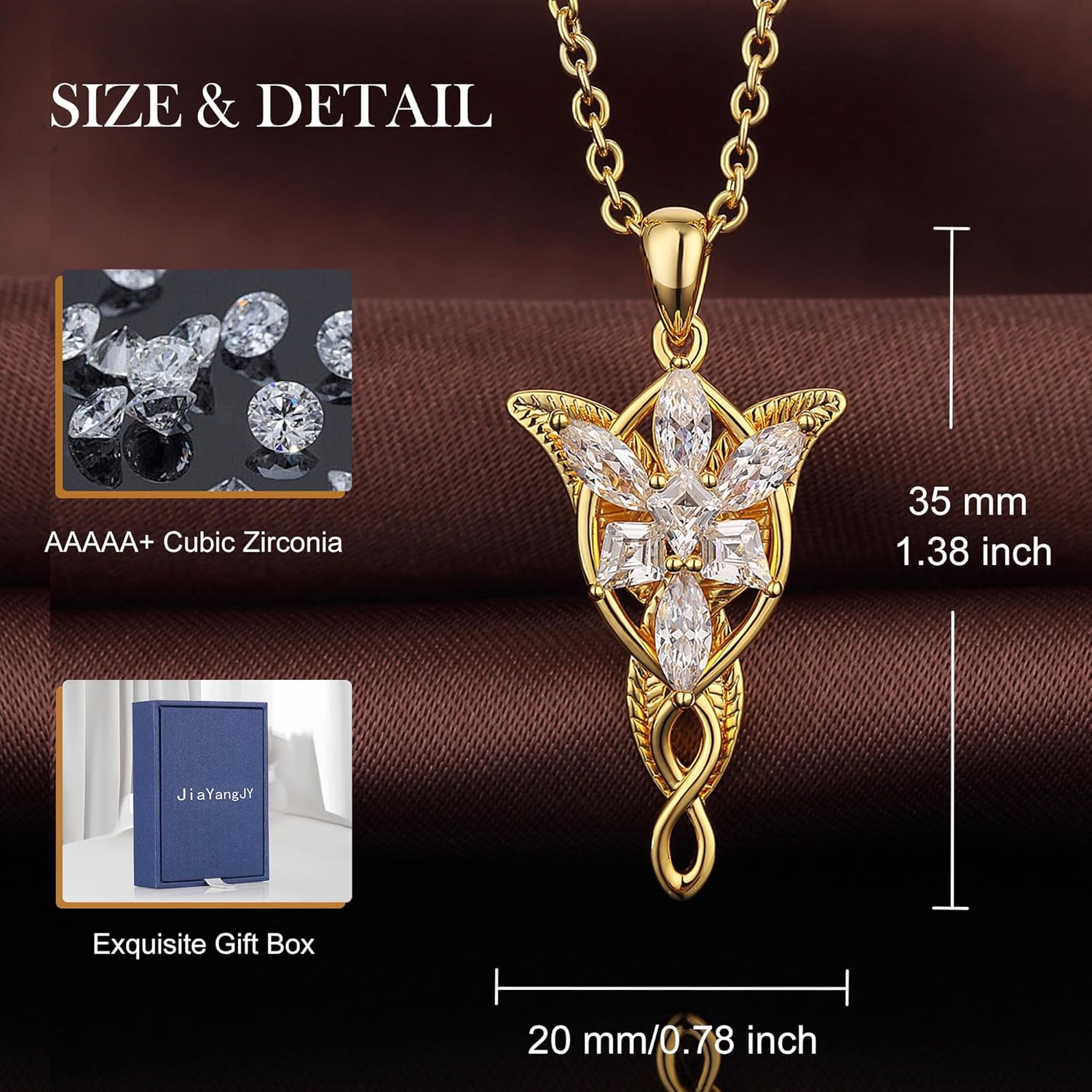 JiayangJY 18K White Gold Plated Arwen Evenstar Necklace, Lord of The Ring Hobbit Pendant Necklace with 5A Cubic Zirconia Elvish Jewelry