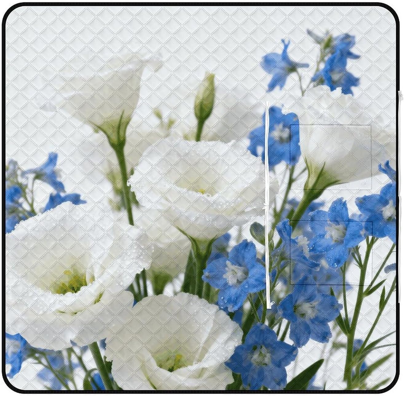 Floral White Blue Picnic Blanket with Zipper Water Resistant Sand Free Picnic Mat Washable Foldable Easy Carry Beach Blanket for Lawn Beach Hiking Camping