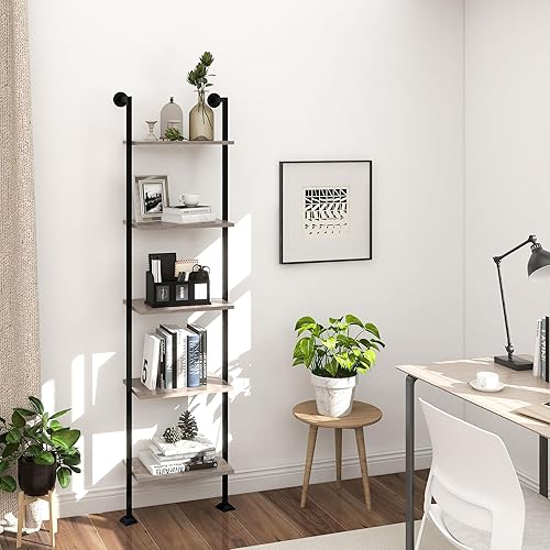 Miniatura 7 de Estante de escalera de 5 niveles, estantería alta y estrecha para espacios pequeños, organizador de almacenamiento de libros, estantes abiertos para