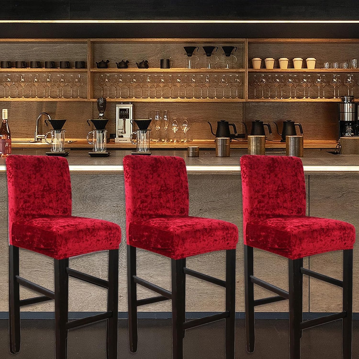 Velvet Bar Stool Covers Cat Scratch Proof, Bar Stool Chair Covers Set, Pub Counter Stool Chair Covers Washable Barstool Covers Slipcovers (red,6 PCS)