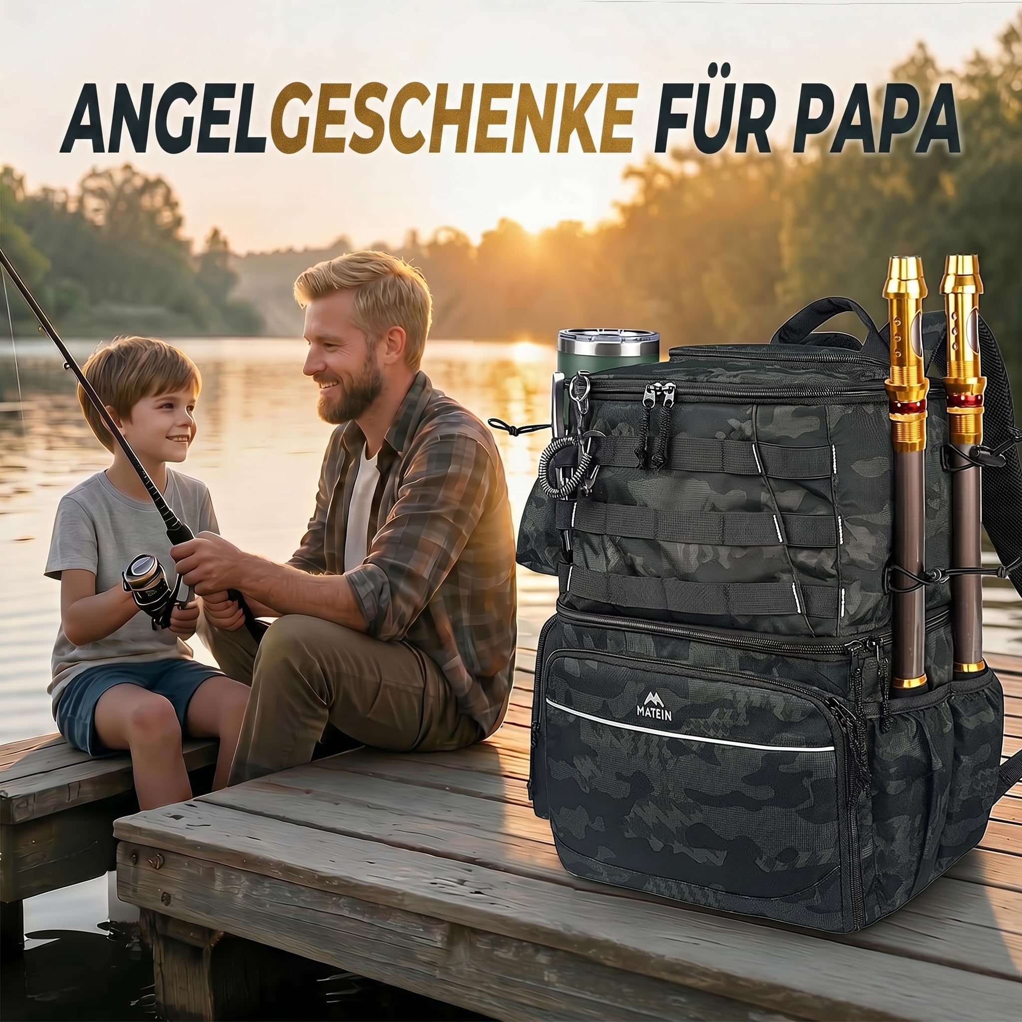 MATEIN Angelrucksack mit Rutenhalter, Wasserdichter Angel Rucksack Herren mit Isoliertes Kühlfach, Angelrucksack für Angeln Wandern Camping Trekking, Geschenke für Angler Männer, Camouflage
