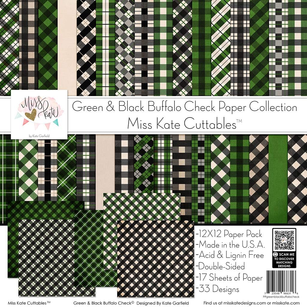 Pattern Paper Pack - Green & Black Buffalo Check - 17 Double-Sided 12"x12" Collection Includes 34 Patterns - Scrapbooking Card Making Crafting - by Miss Kate Cuttables