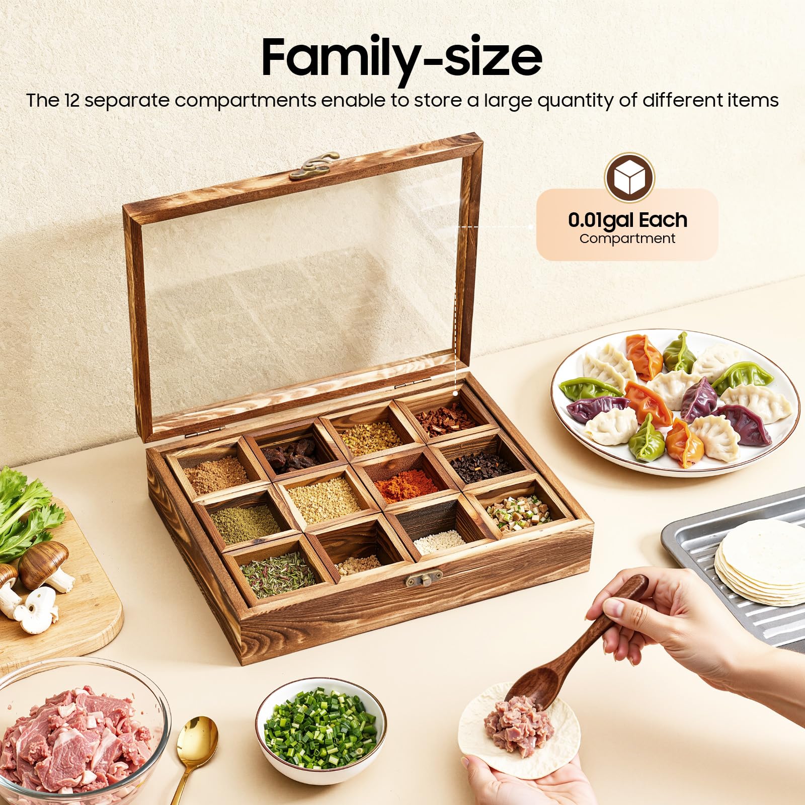 Wooden Spice Box with 12 Compartments Seasoning Box with Wooden Spoon and Safety Latch Spice Jars Kitchen for Storing Kitchen, Living Room, Restaurant, Tea Room