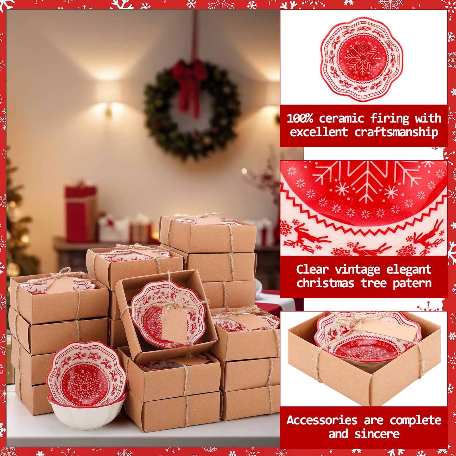SiliFine 12-teiliges Weihnachtsgeschenk-Set für Gäste, kleine Keramik-Schüsseln, Großpackung, Geschenk-Set, 8,4 cm, Weihnachtsschneeflocke und Elch-Design, Mini-Dip-Schüssel, Saucenschale mit
