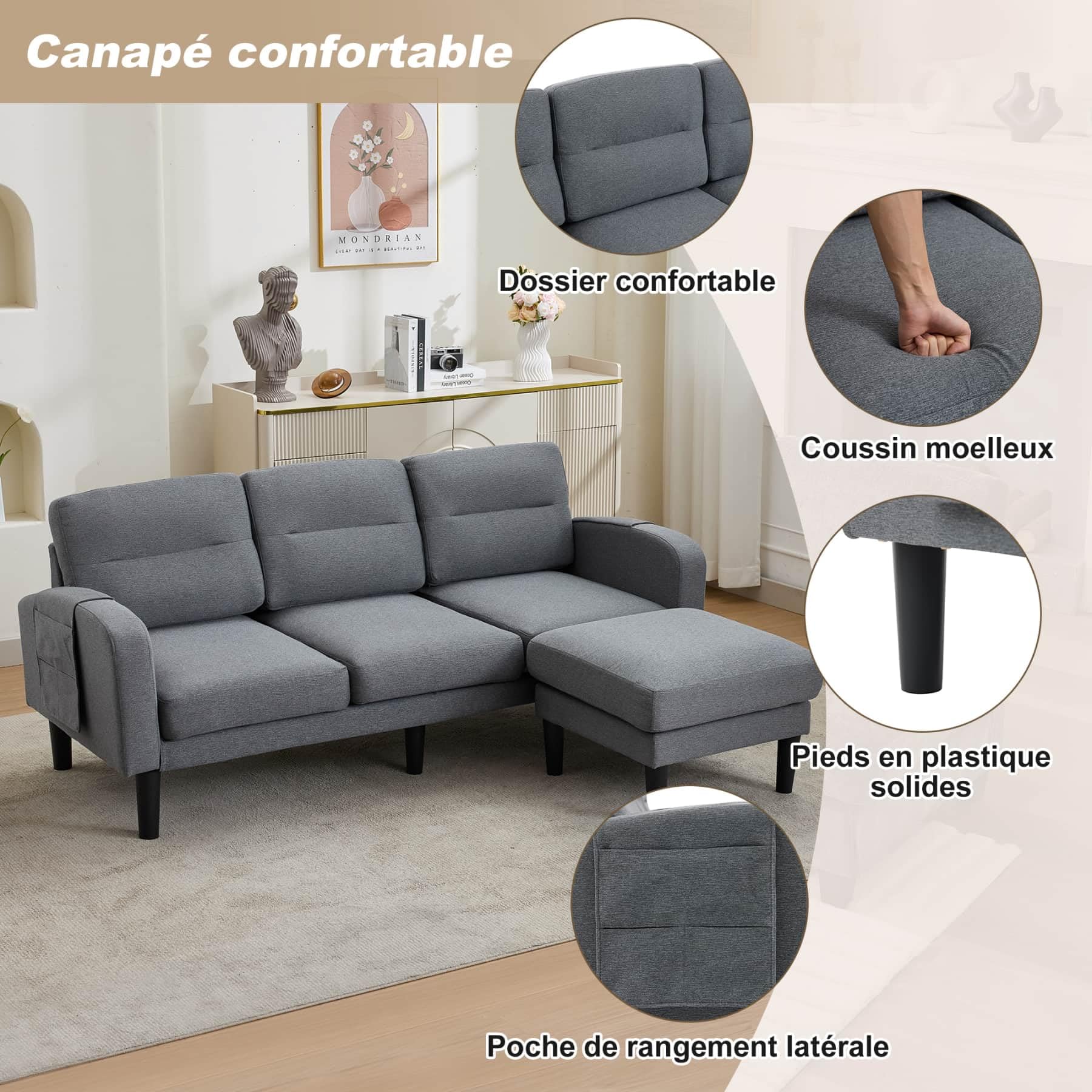 YEHTOKHOME Canapé d'angle en L à 3 Places avec Repose-Pieds,Gris