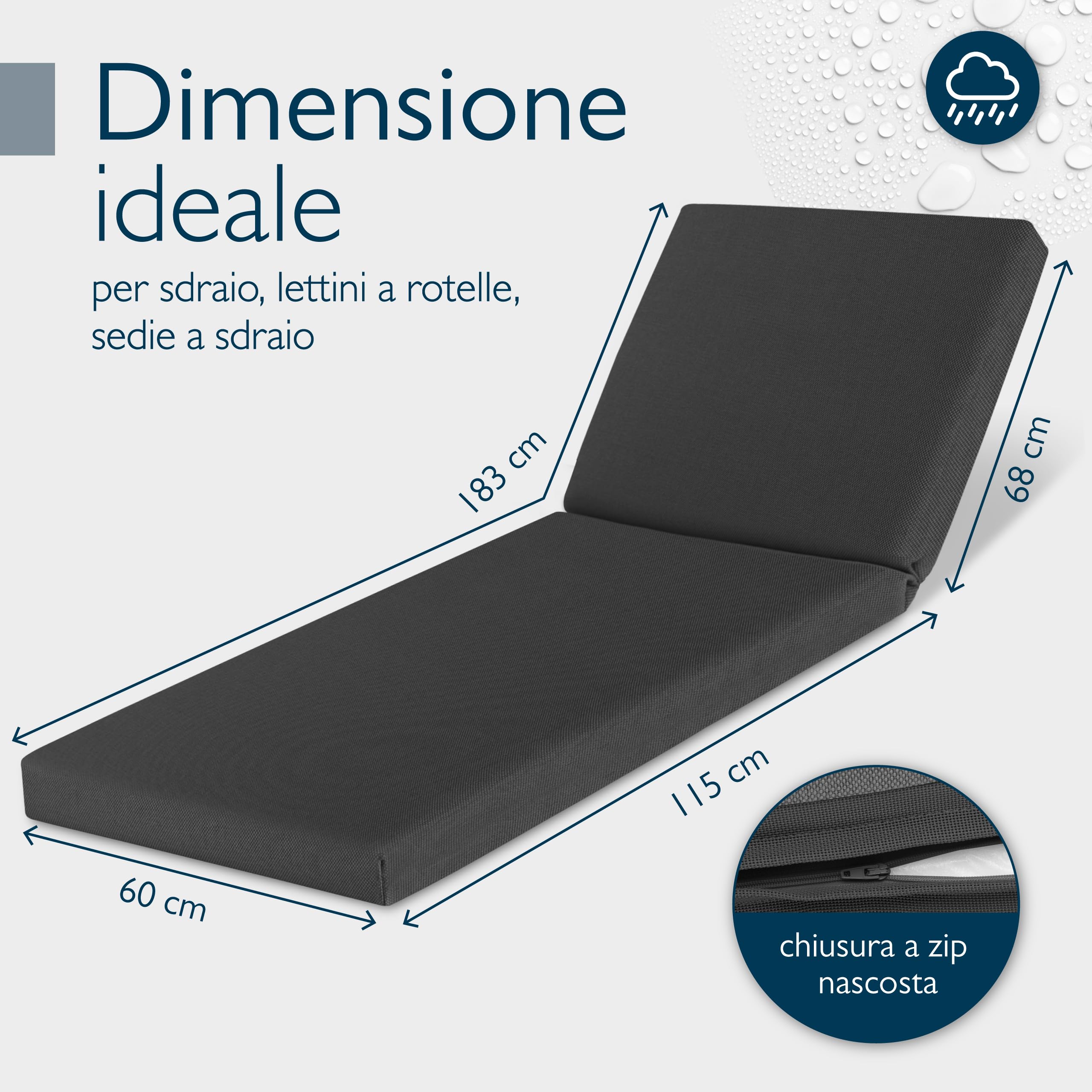 Beautissu Cuscini per sedie a sdraio da giardino Impermeabili Cuscino per sdraio 190x60 cm Cuscino resistente alle intemperie ad asciugatura rapida Lavabile - Cuscini per sdraio giardino Anthracite
