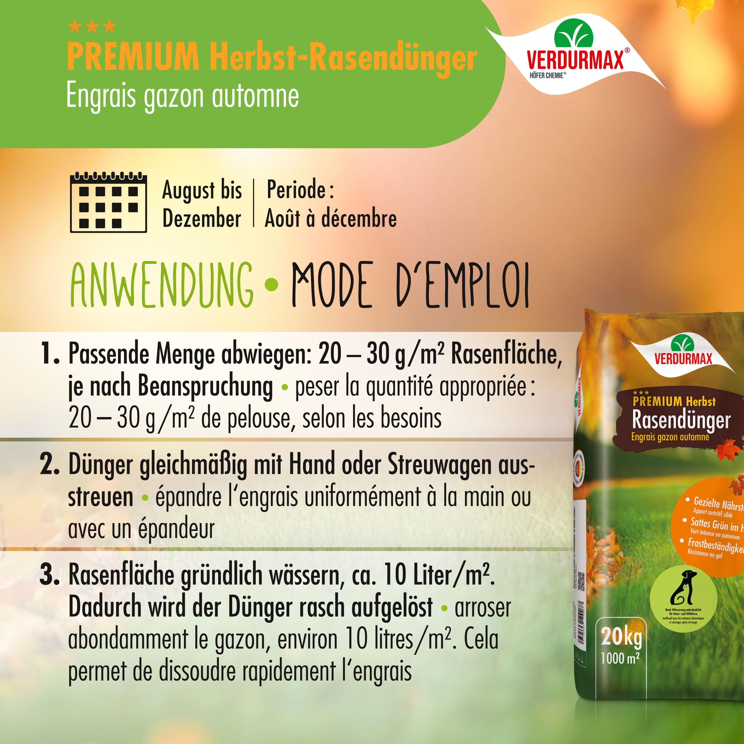 Verdurmax 1 x 20 kg engrais pour gazon d'automne de qualité supérieure - 100% végétalien - Engrais NK 7+18 (+14+2+25) - Résistant à l'hiver et au gel - Granulés sans poussière