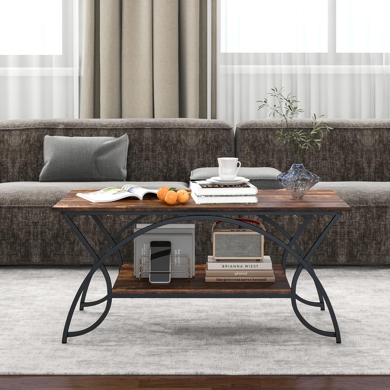 COSTWAY Tavolino da Caffè da Salotto, Tavolino Rettangolare a 2 Livelli con Struttura in Metallo, Tavolino Elegante e Moderno per Studio, Ufficio e Soggiorno, 100 x 50 x 45 cm (marrone e nero)