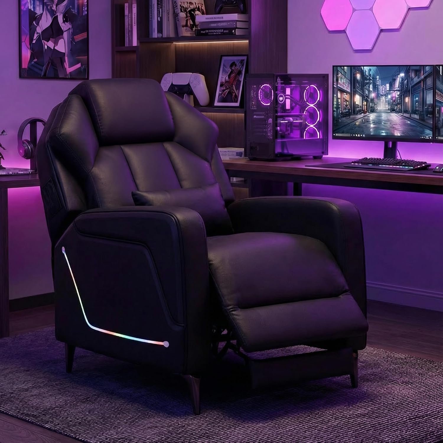 URRED Gaming Recliner Chair with LED Lights, Ergonomic Video Game Reclining Chair with Footrest, Lumbar Pillow, Side Pocket, Home Theater Recliner for Living Room, Bedroom, Gaming Room (Black)