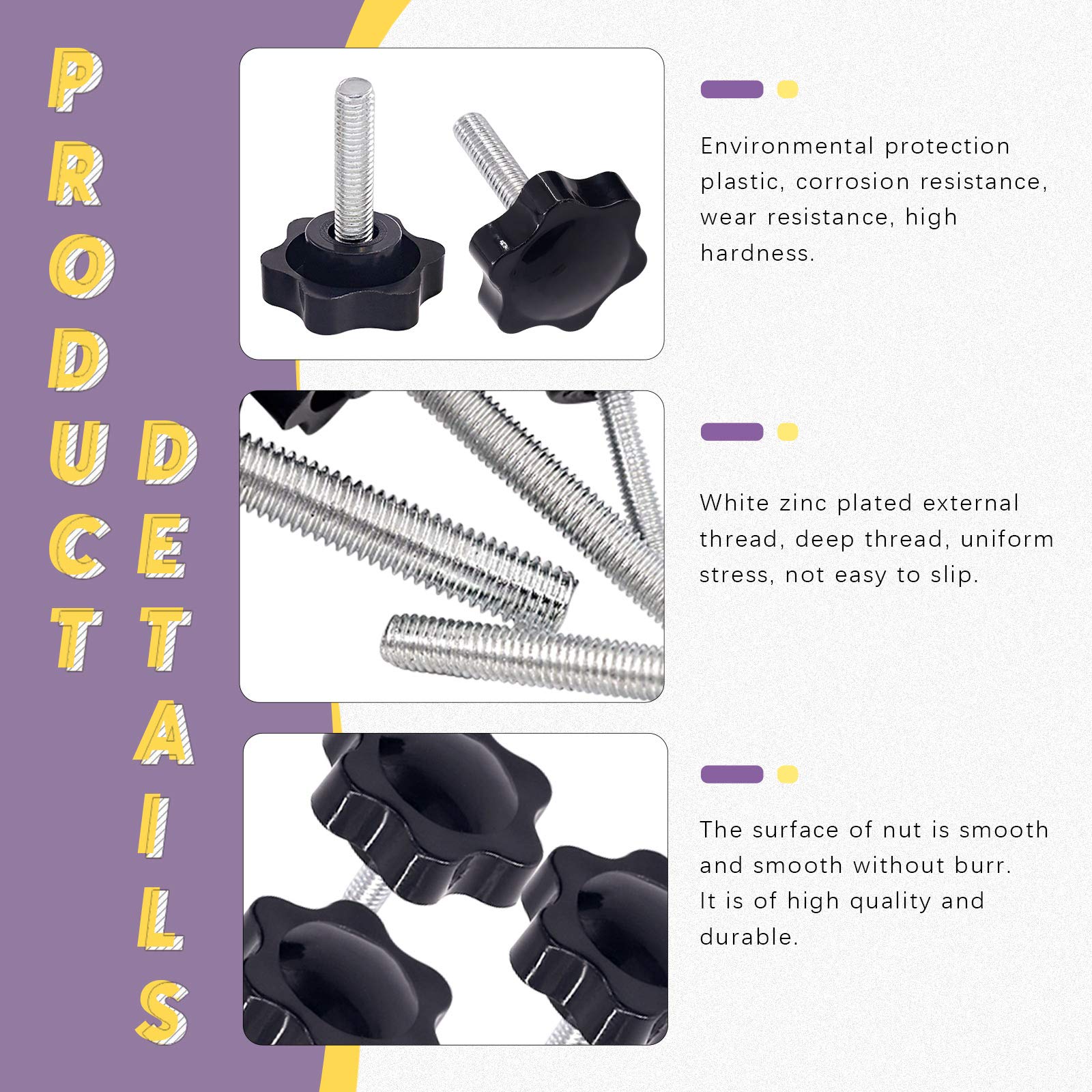 Swpeet 60pcs M6 x 30 Hex Shaped Male Thread Metal Clamps Hand Star Knobs with 304 Stainless Steel Hex Nuts and Flat Washer Assortment Kit, Clamp Screw Plastic Clamp Knob (M630