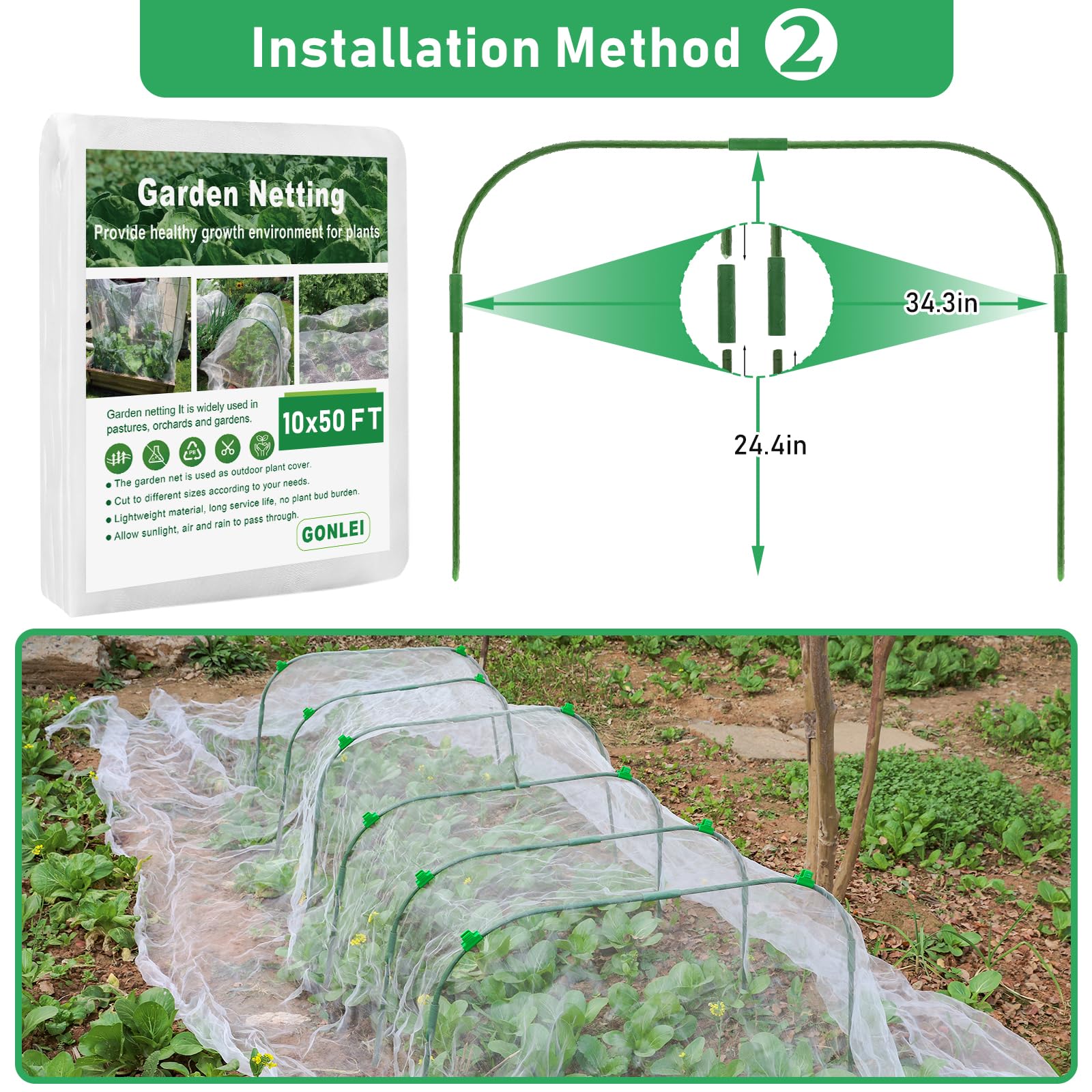 GonLei 10x 50FT Garden Mesh Netting Kit Raised Beds (6 Pcs Garden Hoops & 18 Clips) Garden Hoops Plant Netting Protection Row Covers Berry Bush Truit Trees Vegetables Grass Seed Barrier Net