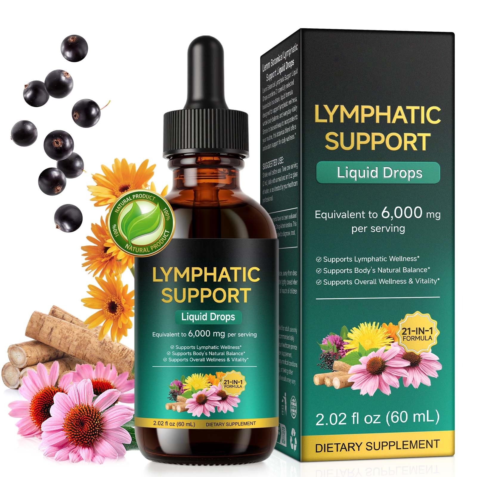 AIQIUSHA 21-in-1 Lymphatic Drainage Drops 6000mg, Herbal Fluid Balance Liquid Supplement with Echinacea, Dandelion, Burdock, Red Clover & Cleavers, Plant-Based Complex for Women & Men, 2 Fl Oz (1)