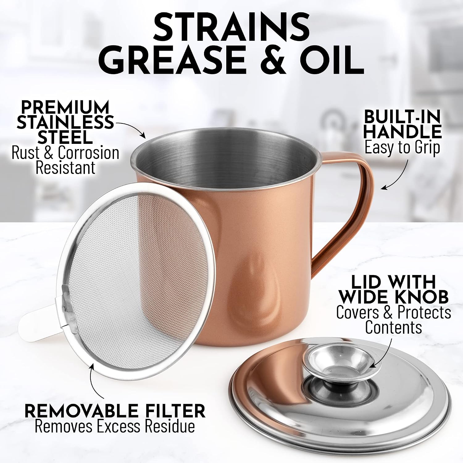 Zulay Kitchen Bacon Grease Container With Strainer - 1L Stainless Steel Cooking Oil Container With Lid & Handle - Large Ghee Container or Bacon Fat Container Perfect For Storing Fats & Frying Oils