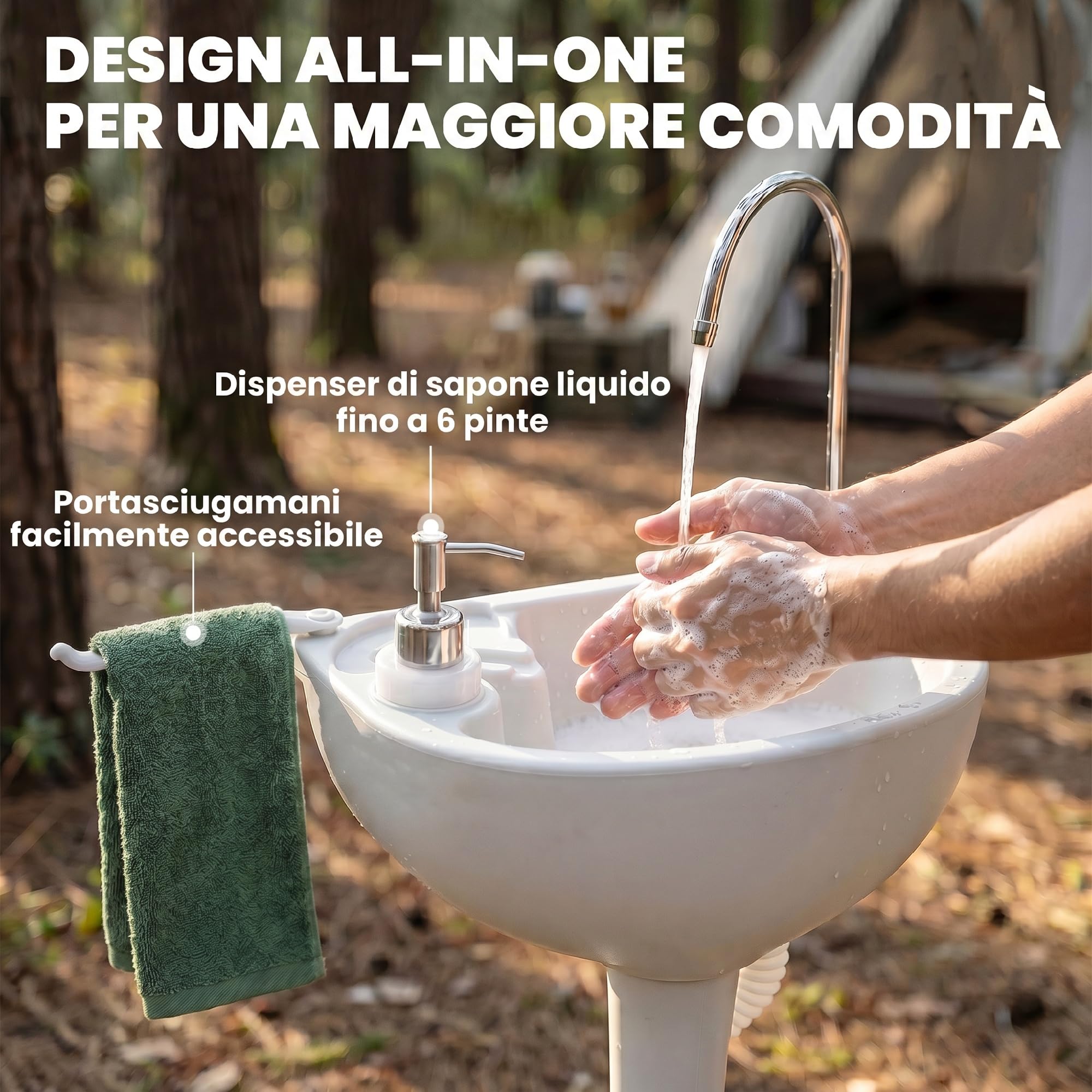 Outsunny Fregadero Portátil Lavamanos para Actividades al Aire Libre o Camping con Tanques de Recuperación de Agua 17 L Dispensador de Jabón Y 2 Ruedas HDPE 83x50x103 cm Gris Claro