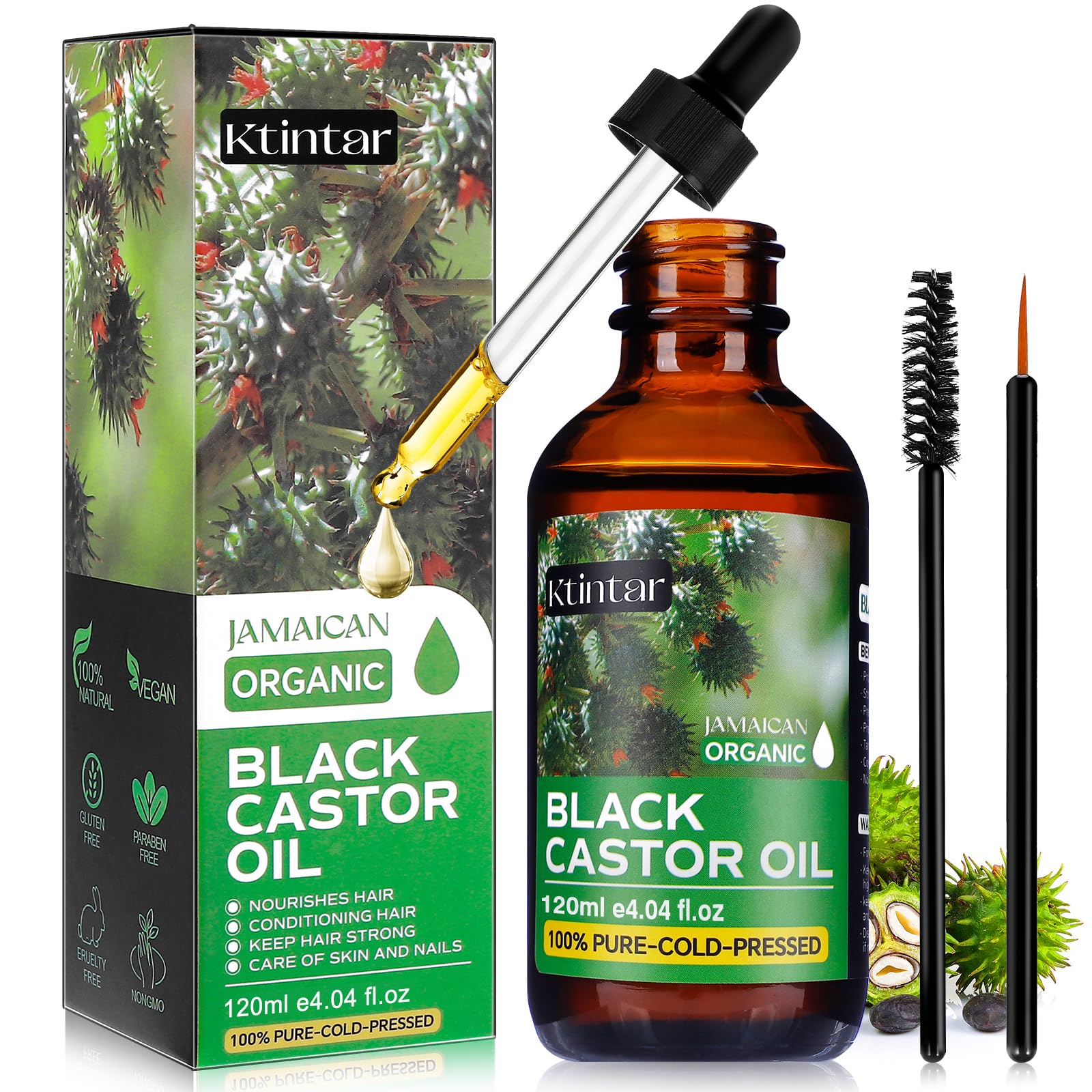 Jamaican Black Castor Oil, 100% Pure Natural Organic Cold Pressed Hair Growth and Eyebrow Nourishing Oil in Glass Bottle, 120ML