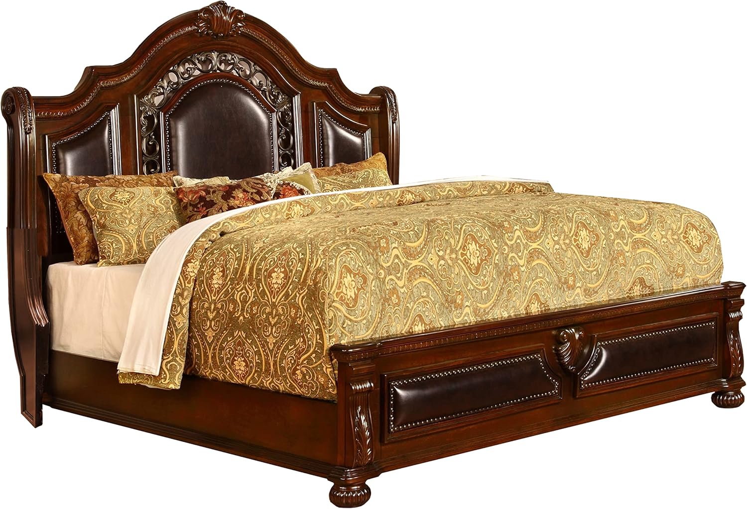 Bessy Traditional Cherry Wood Bed Frame with Faux Leather Headboard and Footboard, Bronze Nailhead Trim, Platform Design for Bedroom, Guest Room, or Master Suite, (Queen)