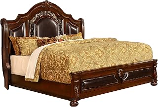 Bessy Traditional Cherry Wood Bed Frame with Faux Leather Headboard and Footboard, Bronze Nailhead Trim, Platform Design for Bedroom, Guest Room, or Master Suite, (Queen)