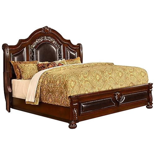 Bessy Traditional Cherry Wood Bed Frame with Faux Leather Headboard