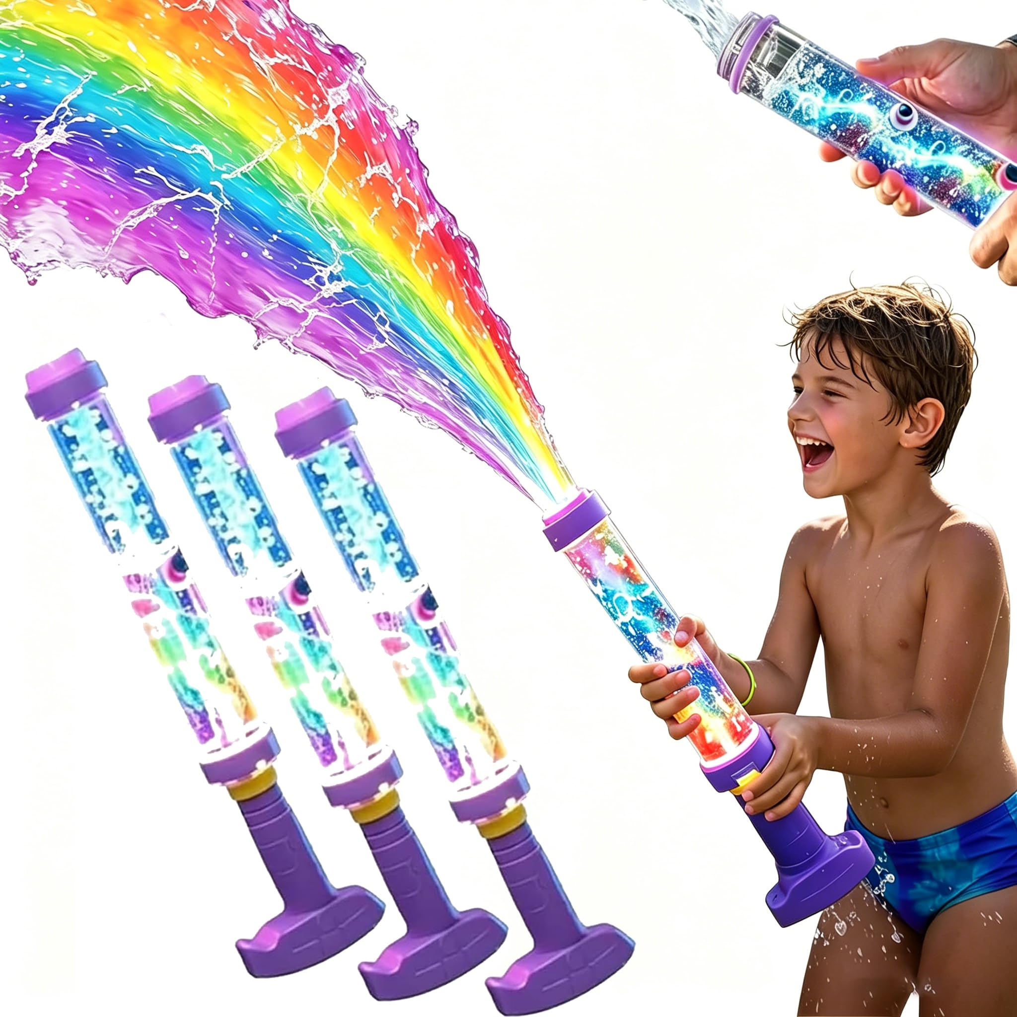 Glowing Rainbow LED Water Blaster – Summer Fun That Pops Like Magic, Firework Spray Water Gun with Lights, Leakproof Soaker Toy for Pool Party Outdoor Summer Water Games for Kids & Adults (3PCS)