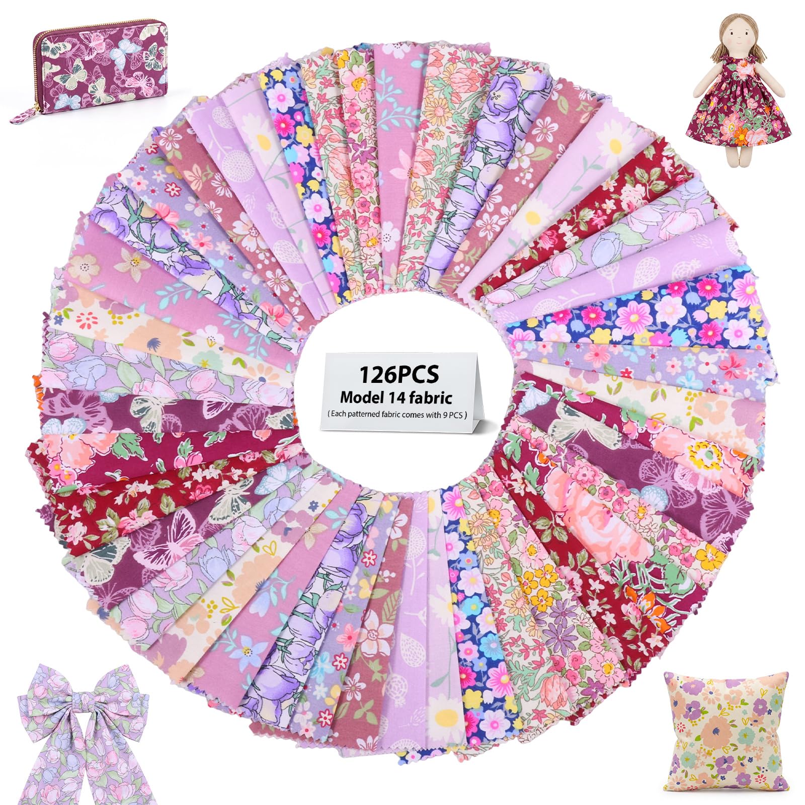 126Pcs Cotton Fabric Squares,12.7 X 12.7cm Precut Patchwork Fabric Bundle, Floral Craft Material Assortment for Quilting, Sewing, Scrapbooking & DIY Projects(Purple)
