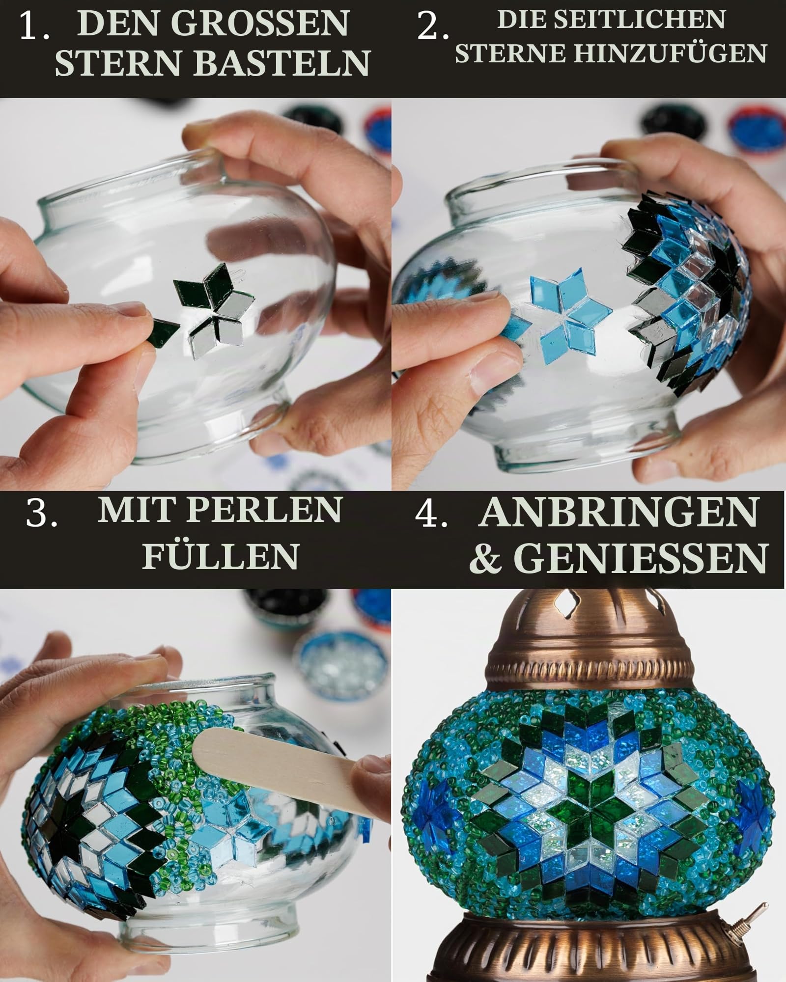 DEMMEX Farbe Wählbar – DIY Mosaik-Tischlampe Bastelset – Türkisch-Marokkanischer Stil – Gestalten Sie Ihre eigene Lampe mit Glassteinen & Werkzeug, Kein Verfugen nötig