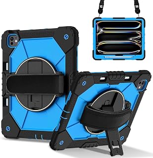 Surfplattans fodral Kompatibel med iPad Pro 13 tum 2024 Stötsäkert barnfodral, [Kickstand] [axelrem] 360 graders roterande handrem Stativfäste Heavy Duty Rugged Cover(Black+Blue)