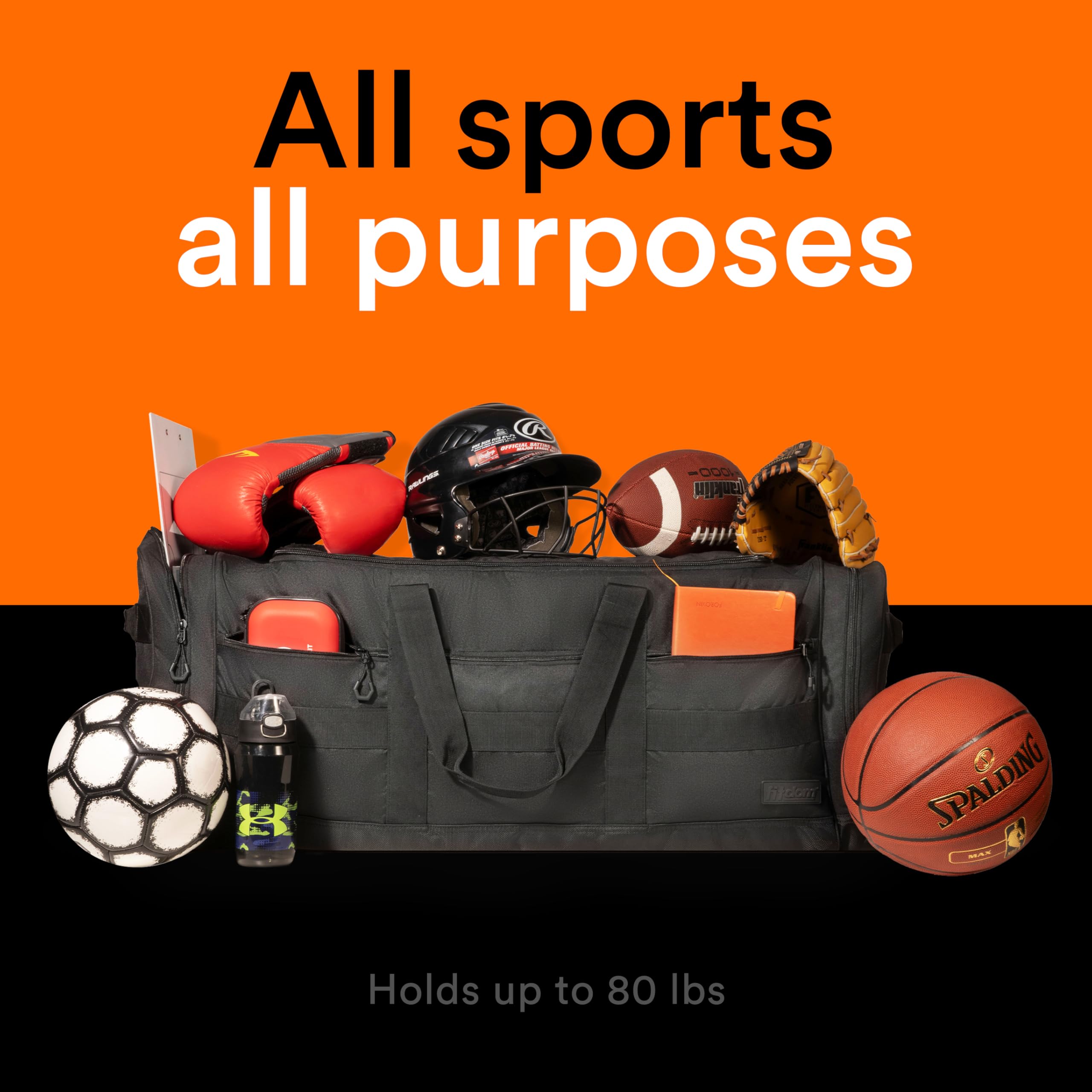 Fitdom Strapazierfähige Sportausrüstungstasche, 140 l, 96,5 cm, mit verbessertem Reißverschluss, langlebig und wasserabweisend. Perfekt für Reisen, Aufbewahrung, Fußball, Hockey, Baseball, Basketball
