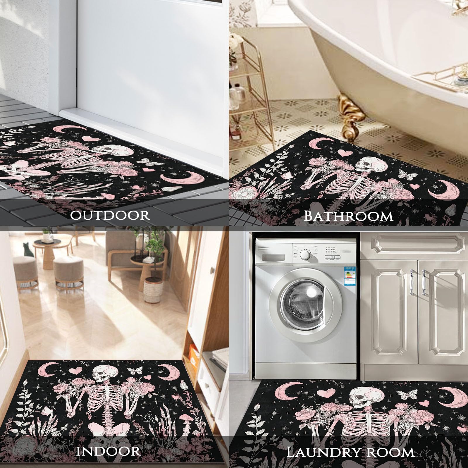 Zerbino per Ingresso 60 x 90 cm, Tappetino Rose Rosa Luna Scheletro Umano, Zerbini Guarigione Stile Oscuro Con Fondo Gomma Antiscivolo per Corridoio, Porta D'ingresso, Camera Da Letto