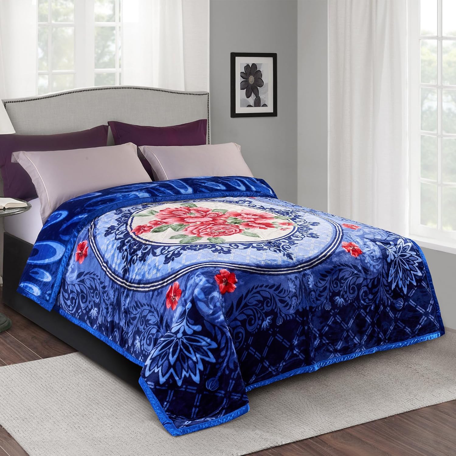 Pure Bedding Fleece King Size Blankets for Bed - Korean Mink Blanket - Soft Plush Cozy Fuzzy Luxury Microfiber, 5 LB, 2 Ply Reversible, 79x95 inches, Navy Peony Rose