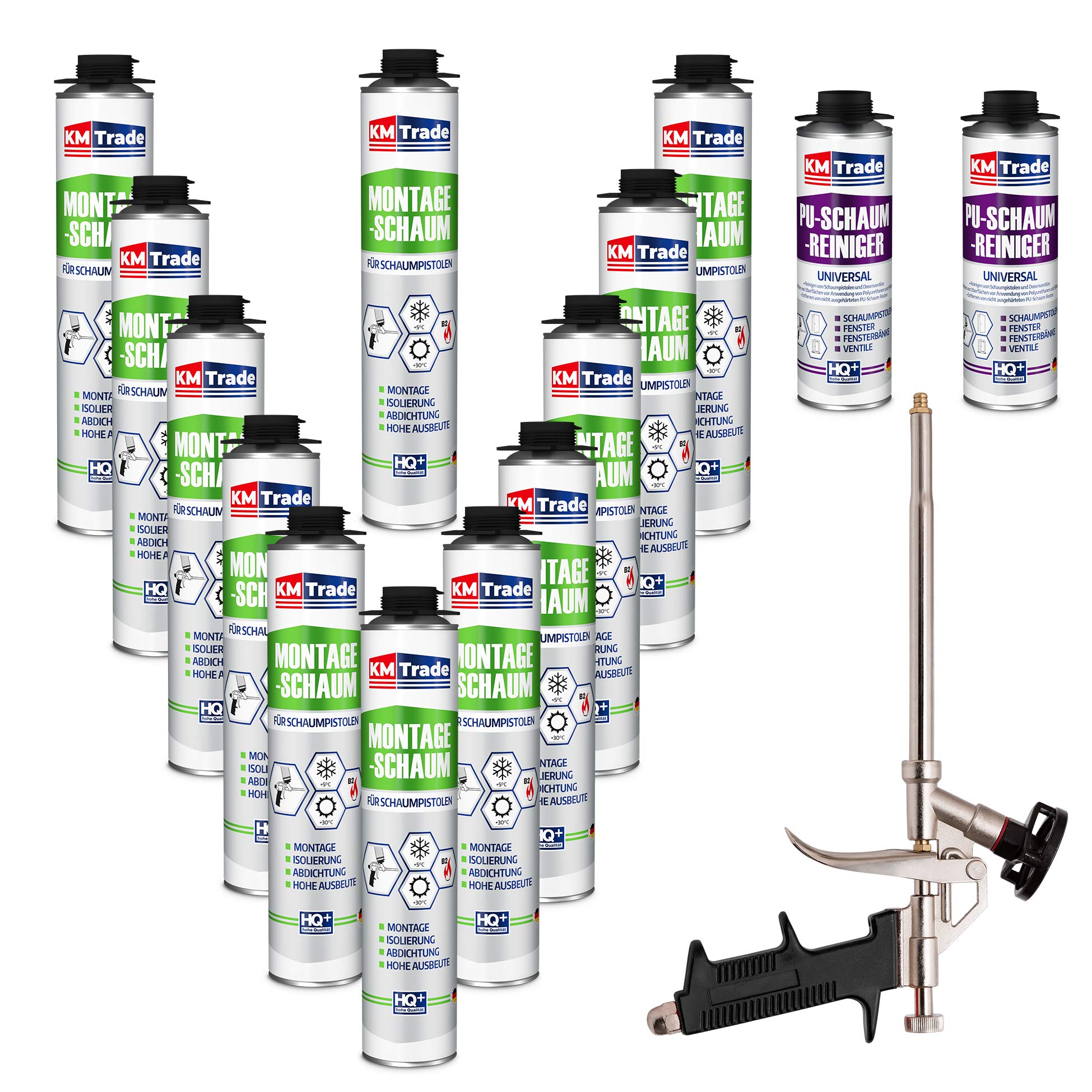 Bauschaum-Set - Inkl. 12x 1K Montageschaum (je 750 ml), 1x Schaum-Pistole & 2x PU-Schaum-Reiniger (500 ml)