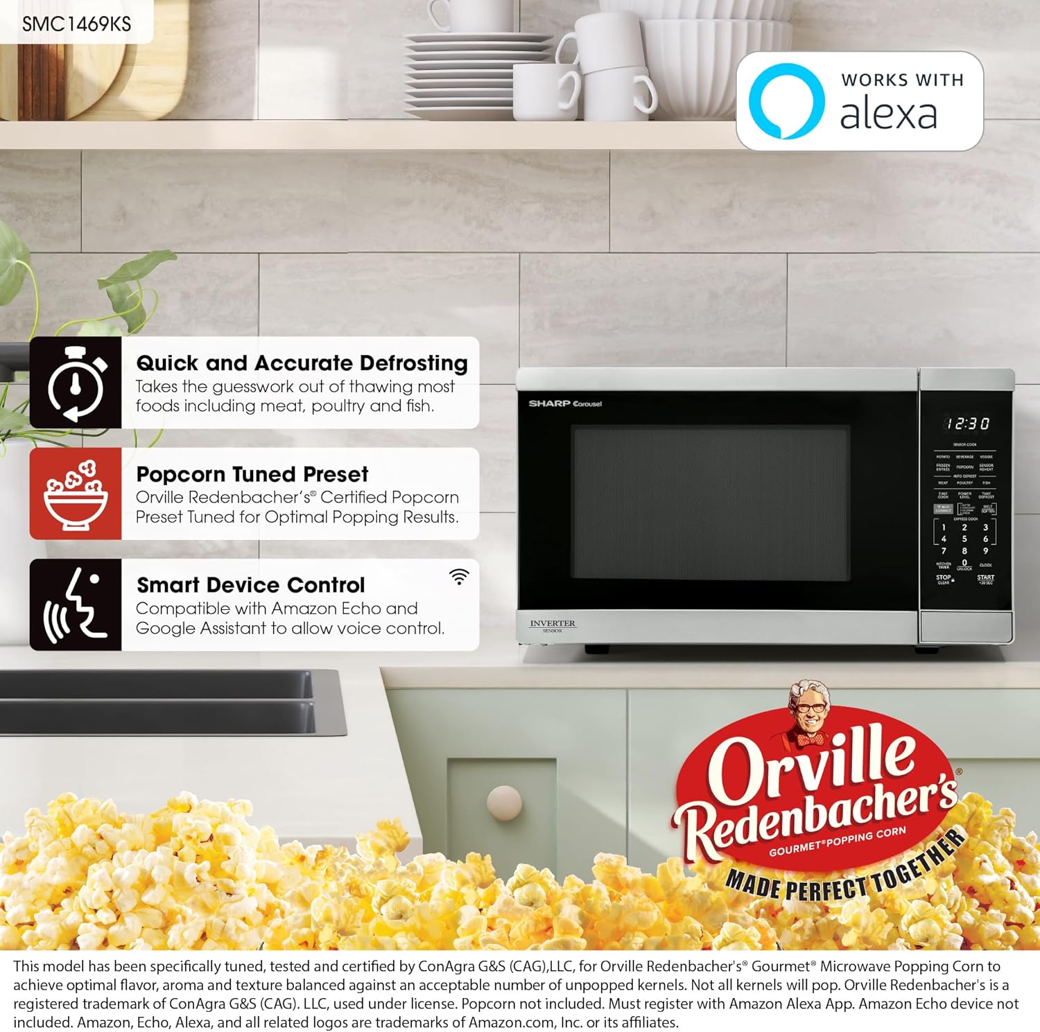 SHARP Countertop Microwave Oven Compatible with Alexa Orville Redenbacher's Certified with Removable 12.4" Carousel Turntable, 1000 Watt, 1.1 Cubic Feet, Stainless Steel