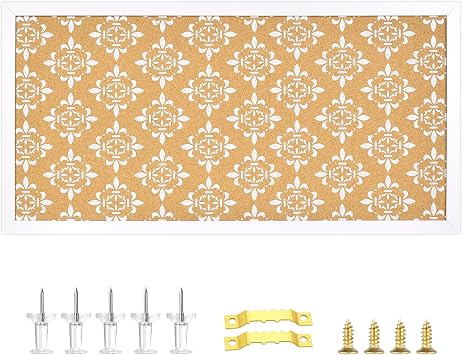 Decorative Cork Board for Walls, Bulletin Board with White Floral Print, White Framed Pin Board Vision Board for Office School Bedroom and Dorm Room with Pins, Screws3060,1pc