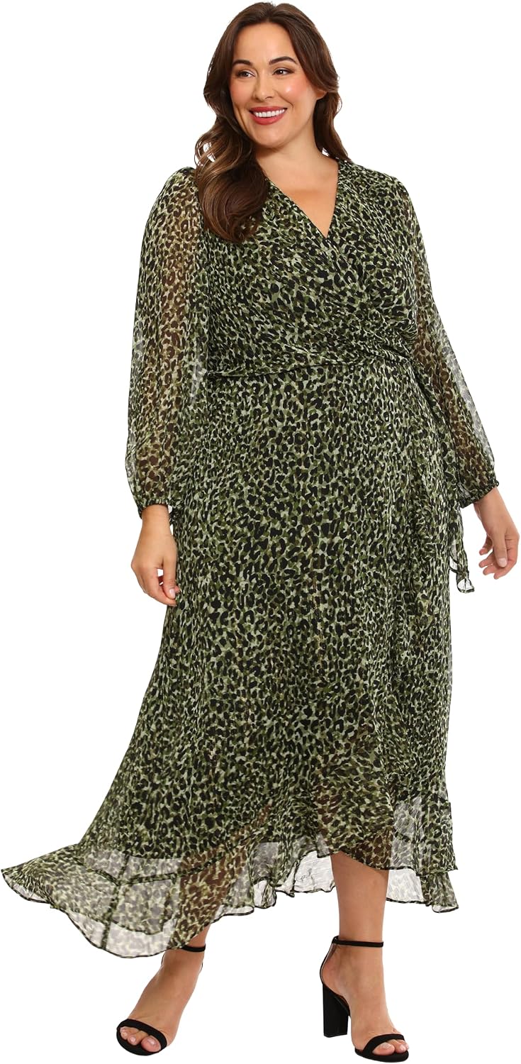 London Times Women's London Times Women's Dresses Chiffon Faux Wrap Ruffle Hem Maxi Dress Versatile Polished Feminine