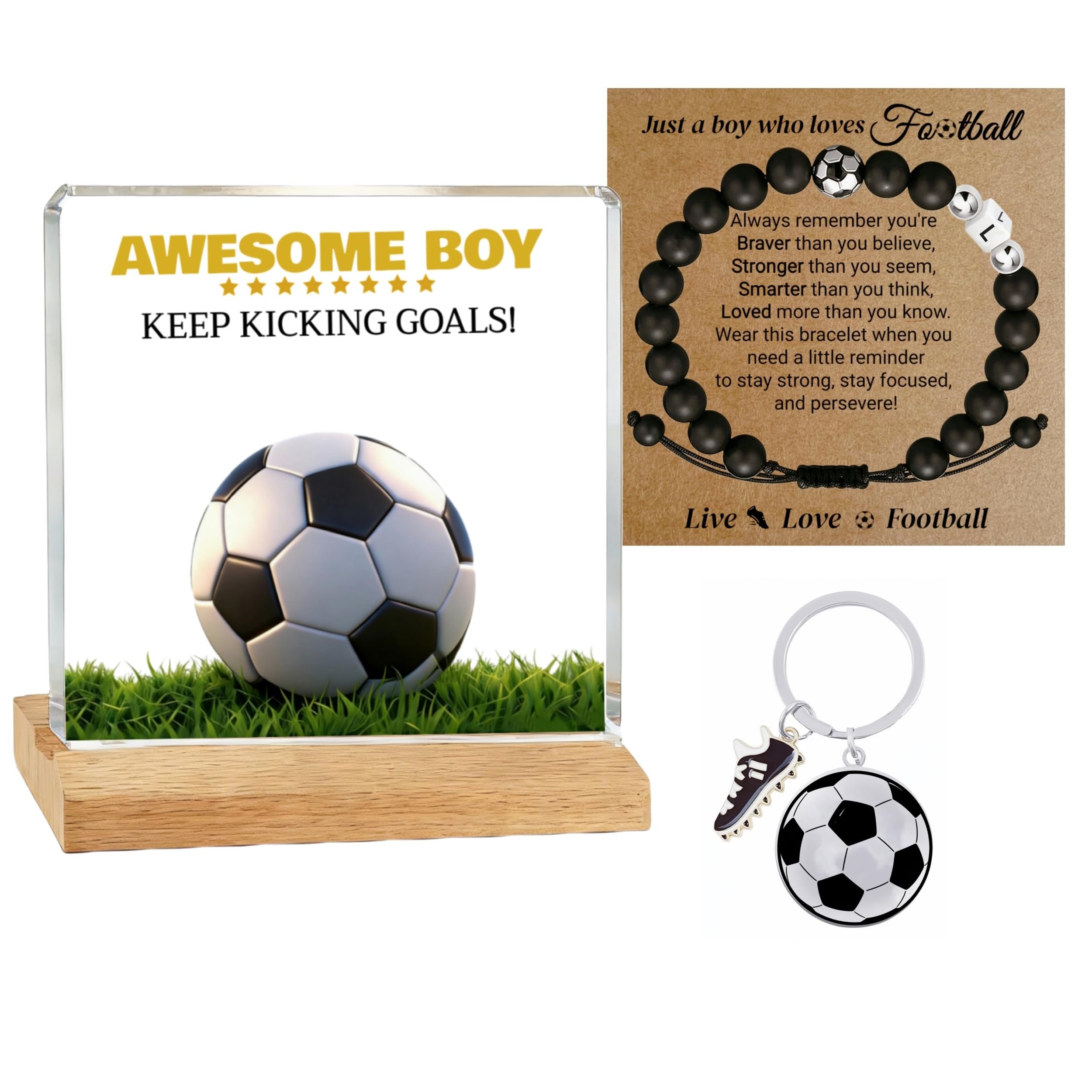 Qualisrugs Football Gifts for Boys 8-15 Years Old, Birthday Gifts for Boys,3-in-1 Football Initial Bracelet, Keychain & Acrylic Plaque Decor Set, Christmas Soccer Present for Son Grandson Nephew (L)