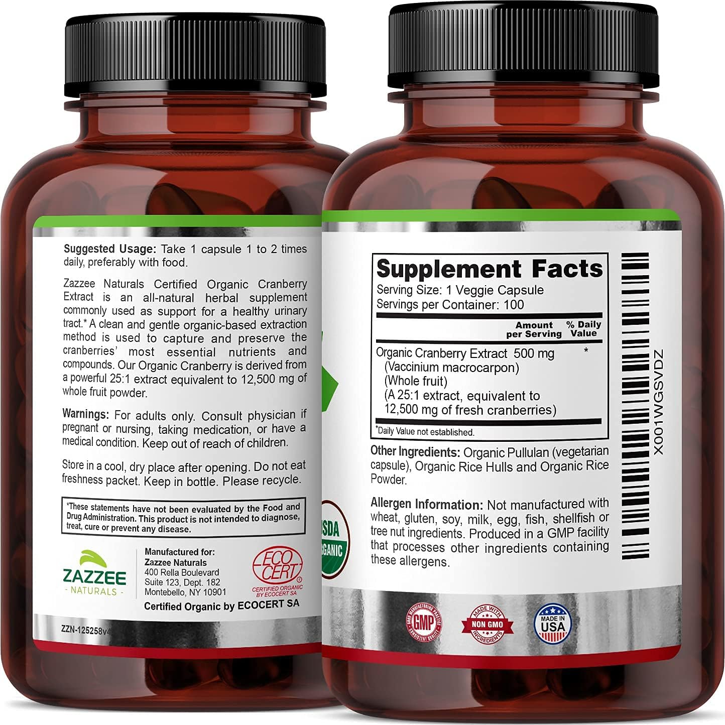 Zazzee USDA Organic Cranberry Extract, 12,500 mg Strength, 100 Vegan Capsules, USDA Certified Organic, Potent 25:1 Extract, Made from Fresh Whole Organic Cranberries, Vegan, All-Natural and Non-GMO : Health & Household