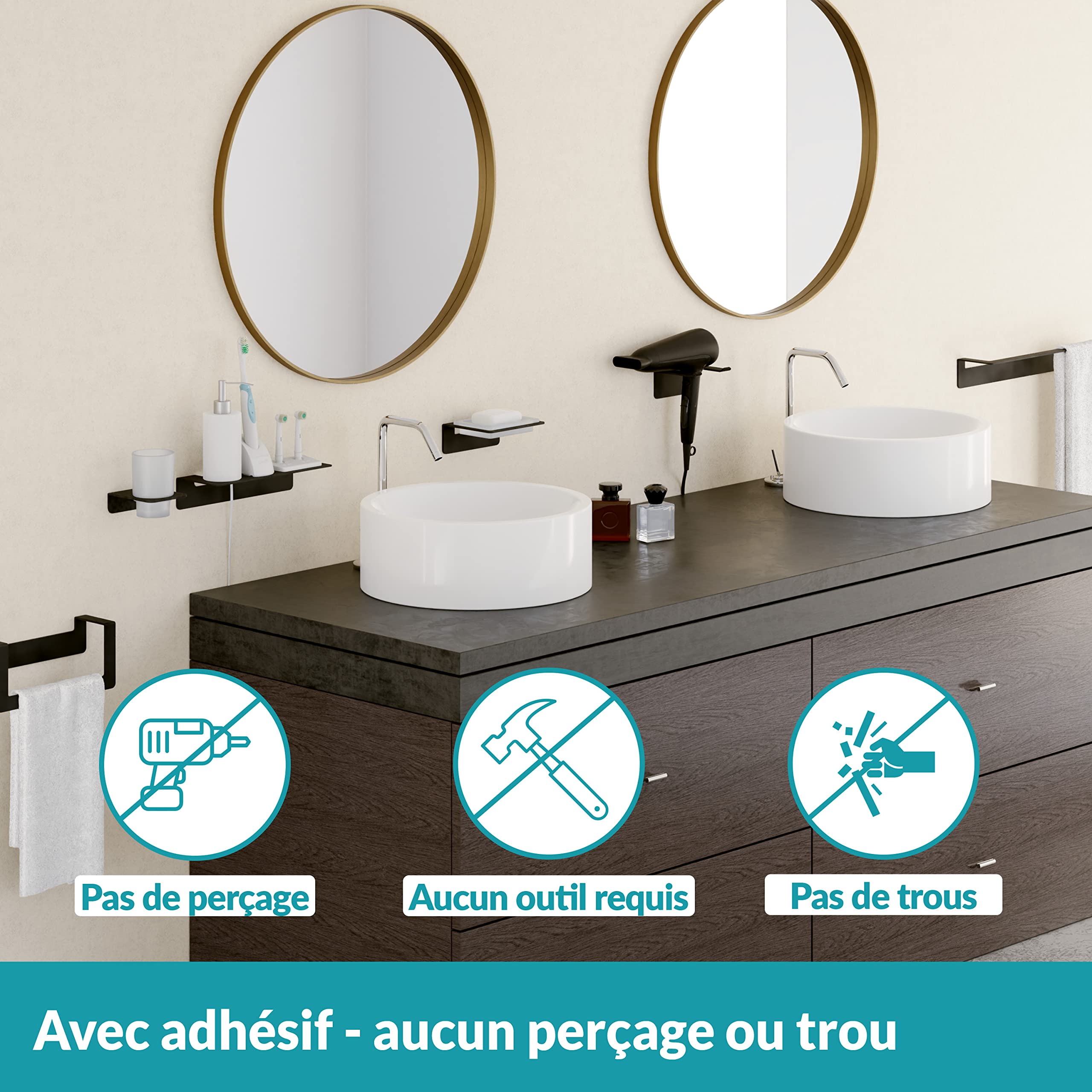WEISSENSTEIN Tablette Murale Adhésive en INOX Noir 24 cm - Salle De Bains - Grande Étagère Autocollante - sans Trou Ni Percage