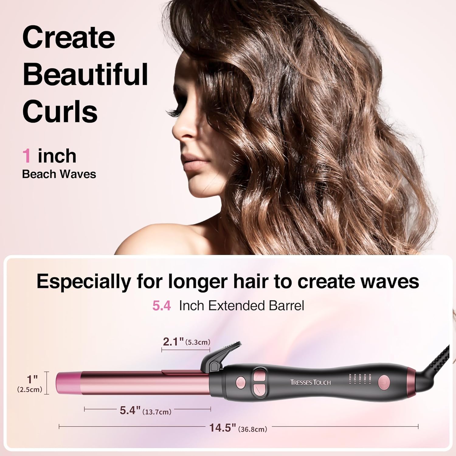 Extra-Long Barrel Rotating Curling Iron with Short Clamp, Automatic Curling Iron 1 Inch Creates Loose Curls – for Medium and Long Hair, High Heat 410°F, Instant Heat up, Double Ceramic, Dual Voltage - Image 2
