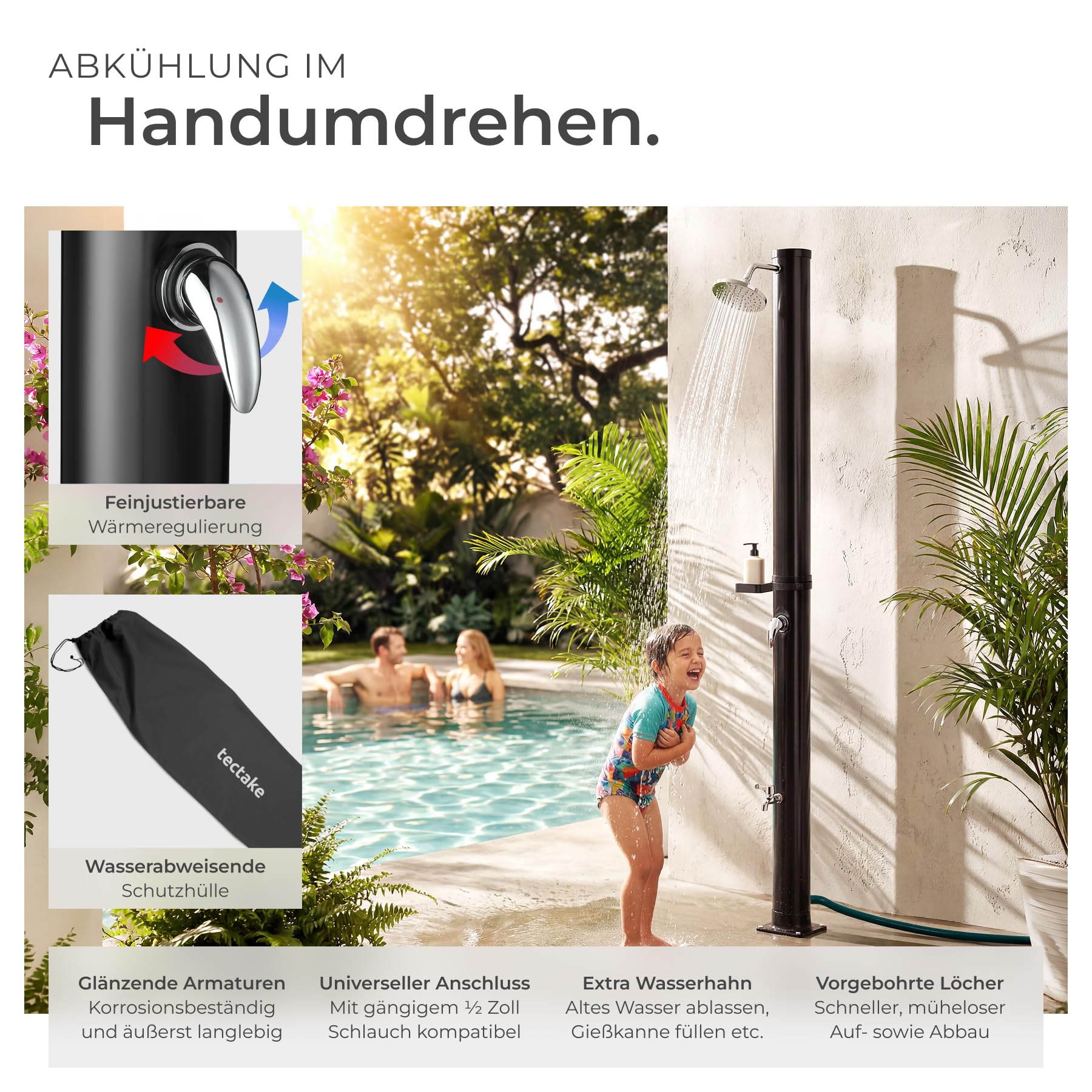 TecTake® Solardusche 20 l, bis 60° C warmes Wasser, drehbarer Regenduschkopf, Gartenschlauch-Anschluss, Wasserhahn, Garten Solardusche, Schutzhülle, Warmwasser, Campingdusche, Außendusche - schwarz