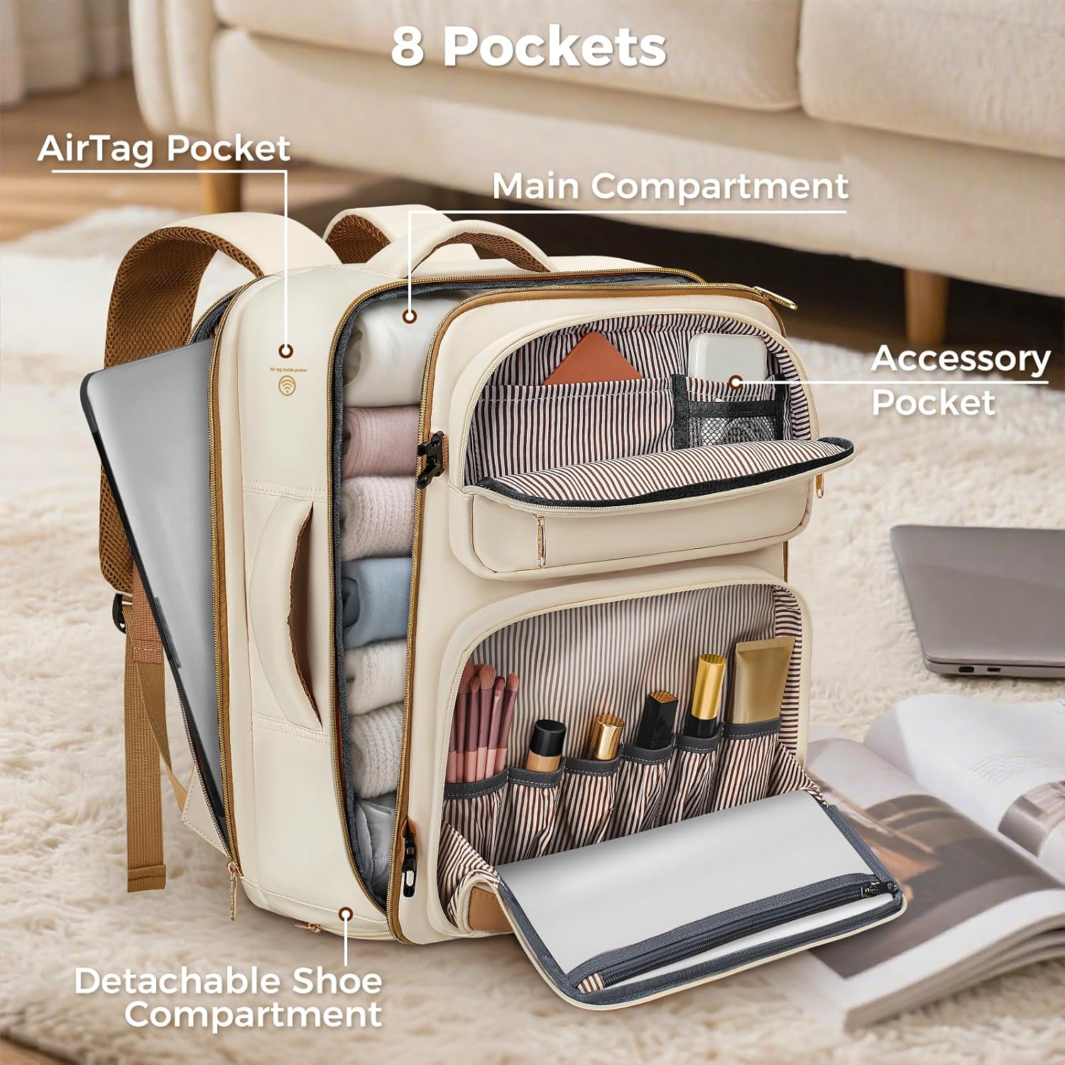 Taygeer Frontier Airlines Personal Item Bag, Underseat 40L Spirit Airlines Personal Item Bag 18x14x8 with Makeup Compartment, Carry on Backpack for Women Fits Spirit Frontier Allegiant, Beige - Image 4