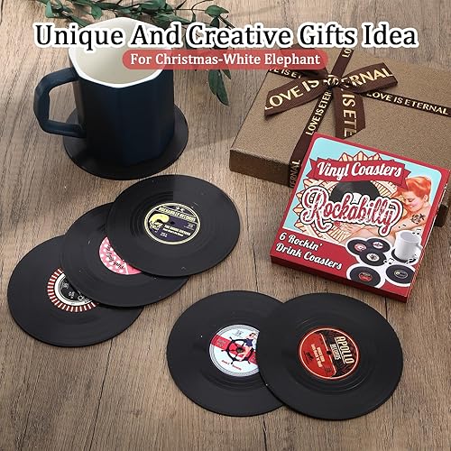Miniatura 7 de Divertidos posavasos retro para discos de vinilo para bebidas, regalos de elefante blanco para amantes de la música, juego de 6 posavasos de vinilo